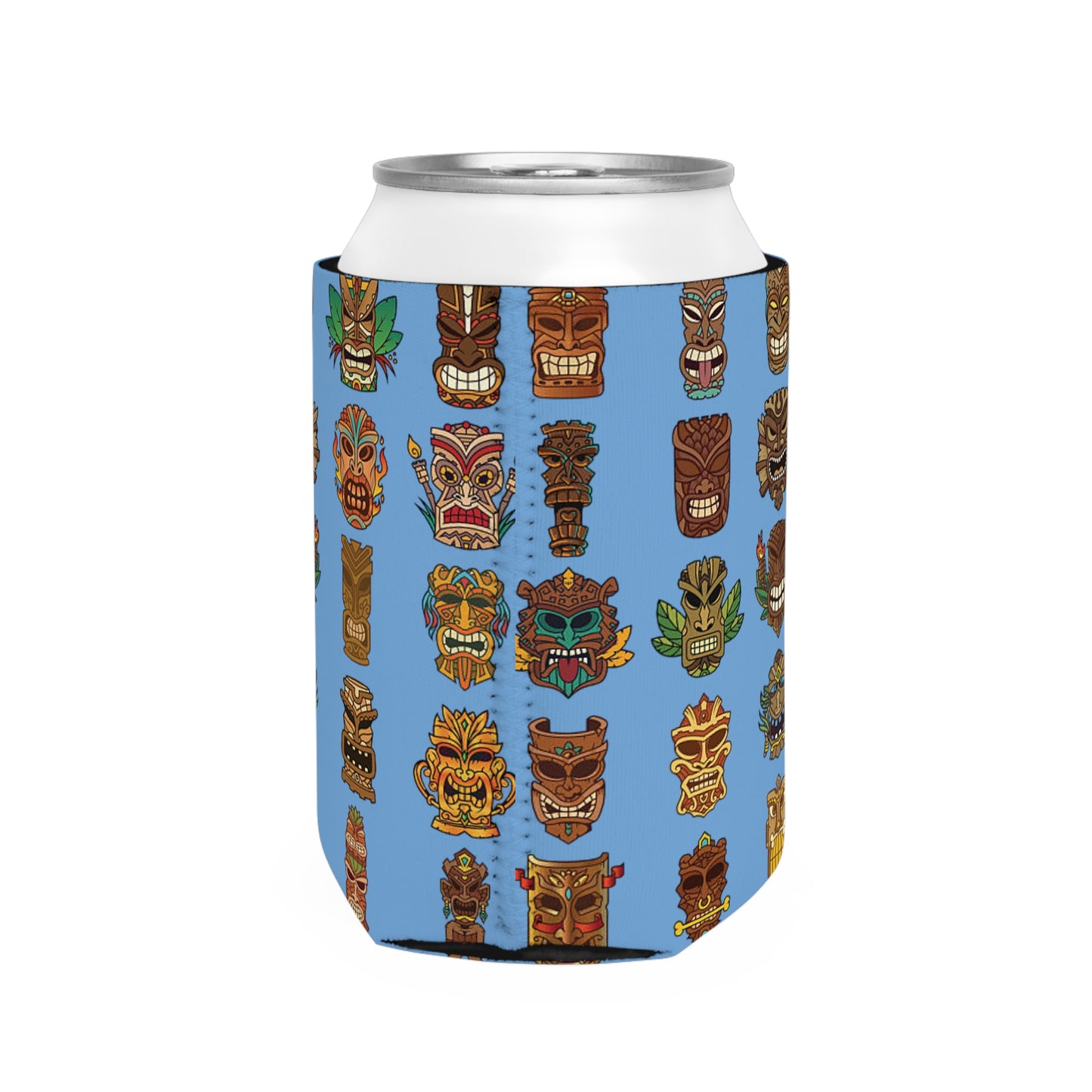 Tiny Tiki Dudes/Lt. Blue Can Cooler Sleeve - Perfect for Outdoor Picnics