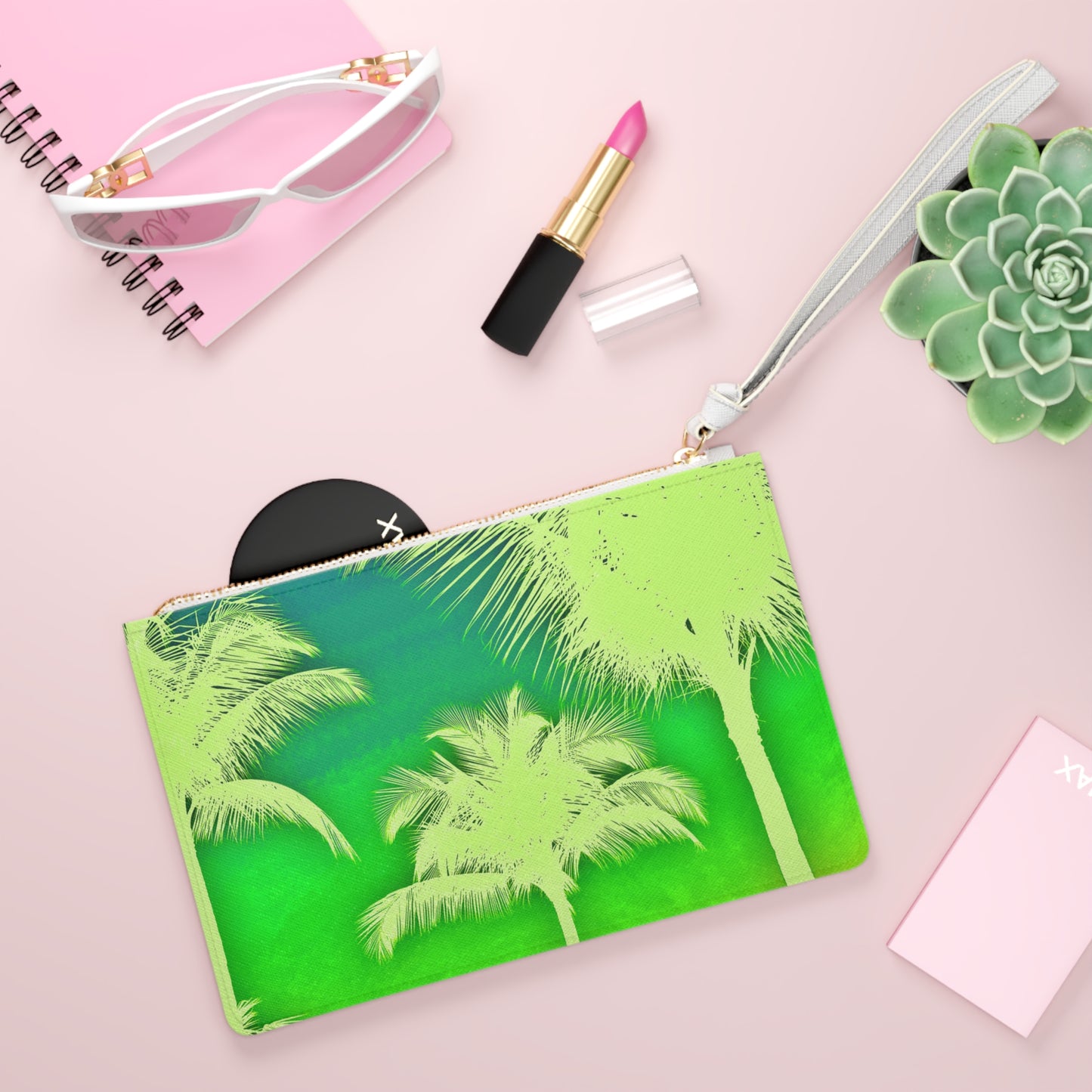 Tropical Faux Leather Clutch Bag - Perfect for Beach Adventures & Summer Vacations / Palm Glow, Green