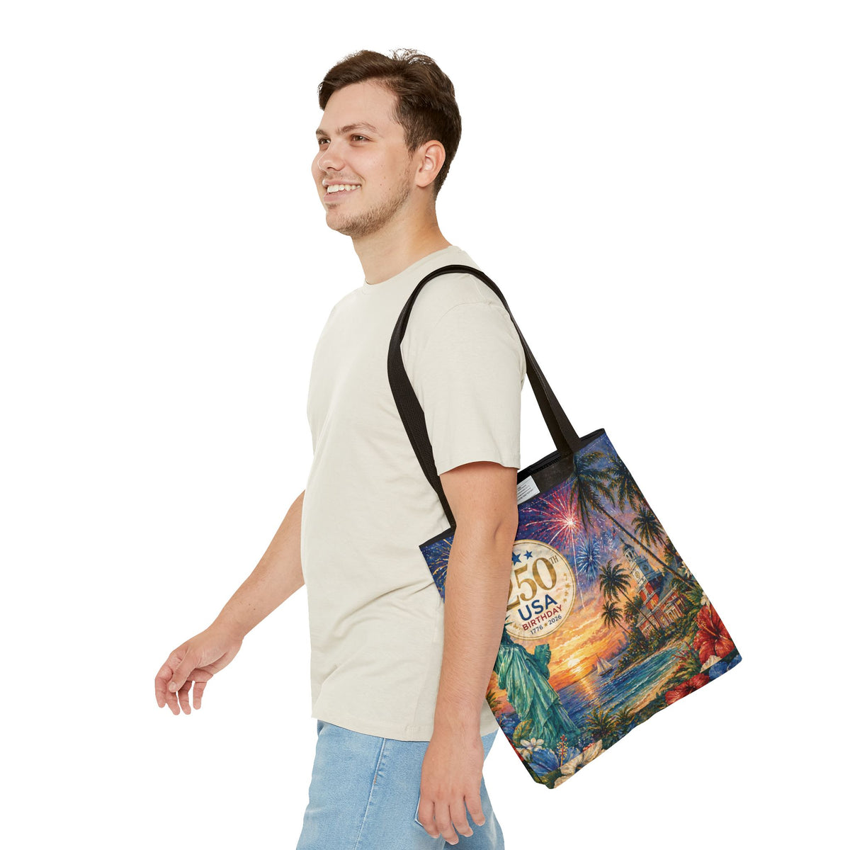 Tote Bag — 250th USA Birthday Patriotic Beach Tote with Statue of Liberty & Fireworks