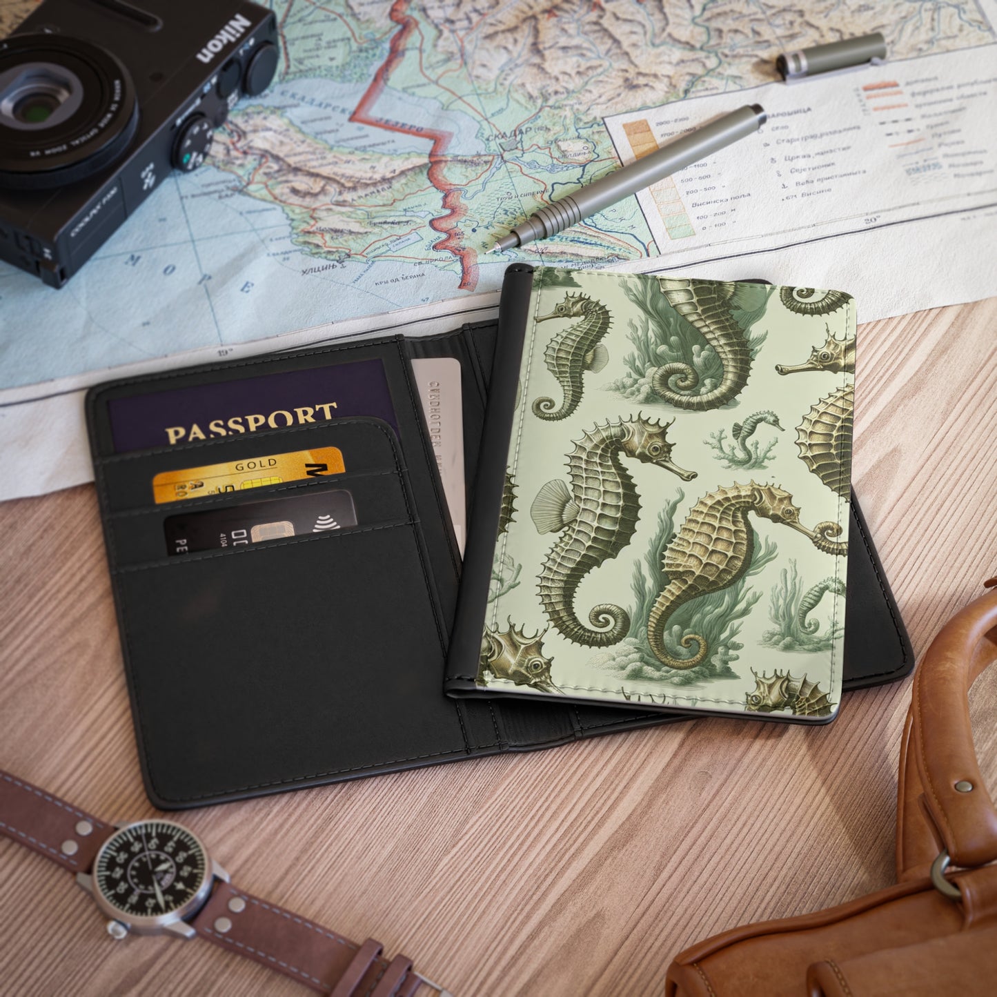 Tropical Passport Cover, Faux Leather - RFID blocking for travel security / Classic Seahorse Toile
