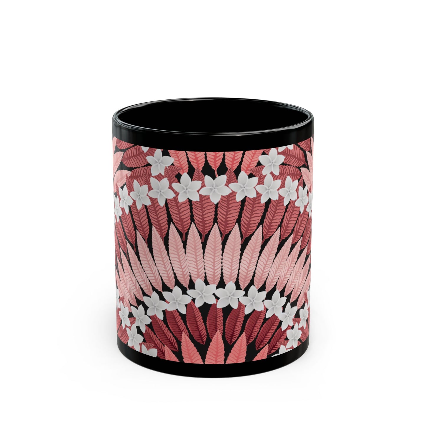 Black Mug (11oz, 15oz), Plumeria and Palms, Red