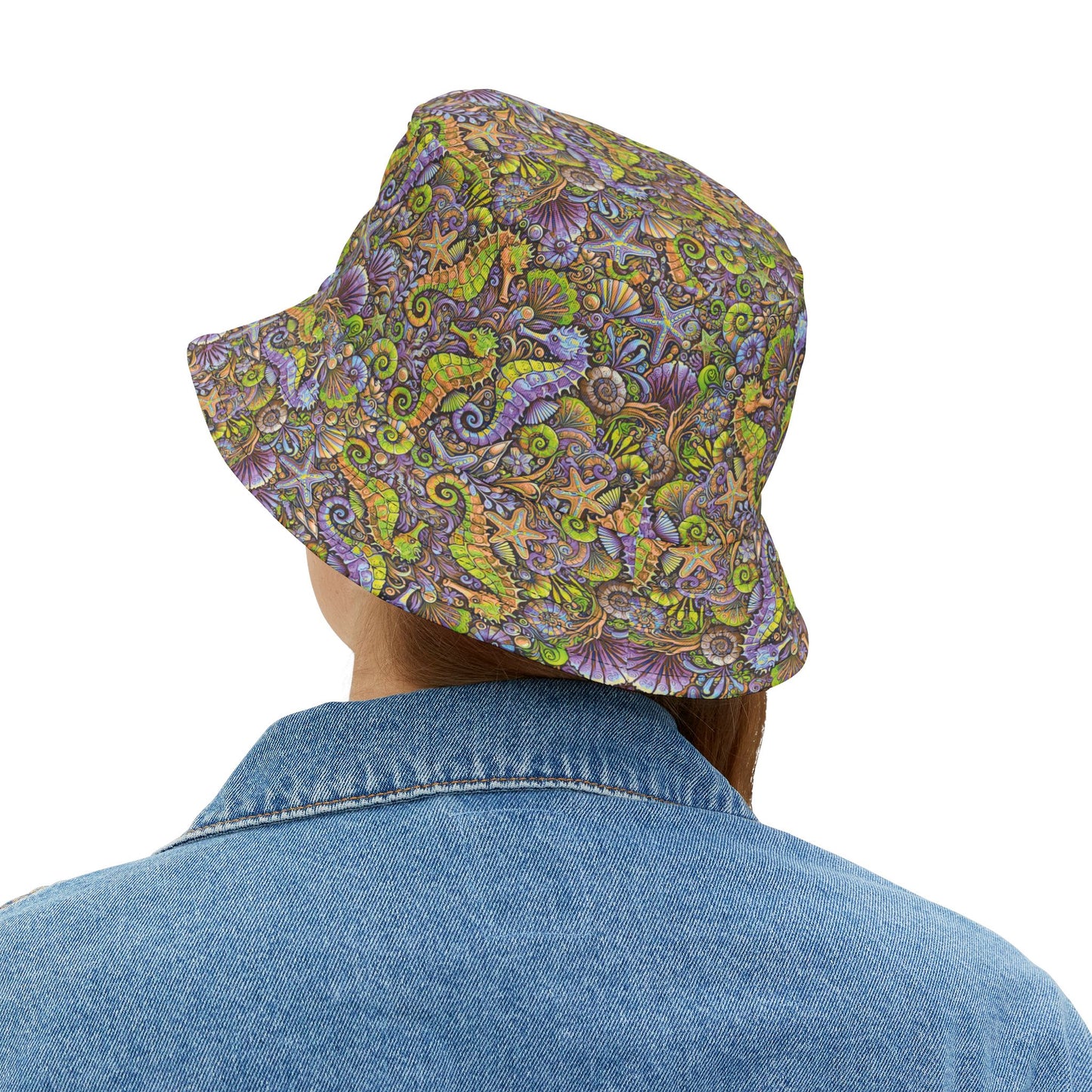 Tropical Polyester Bucket Hat, 2 Sizes - Seahorses Purple