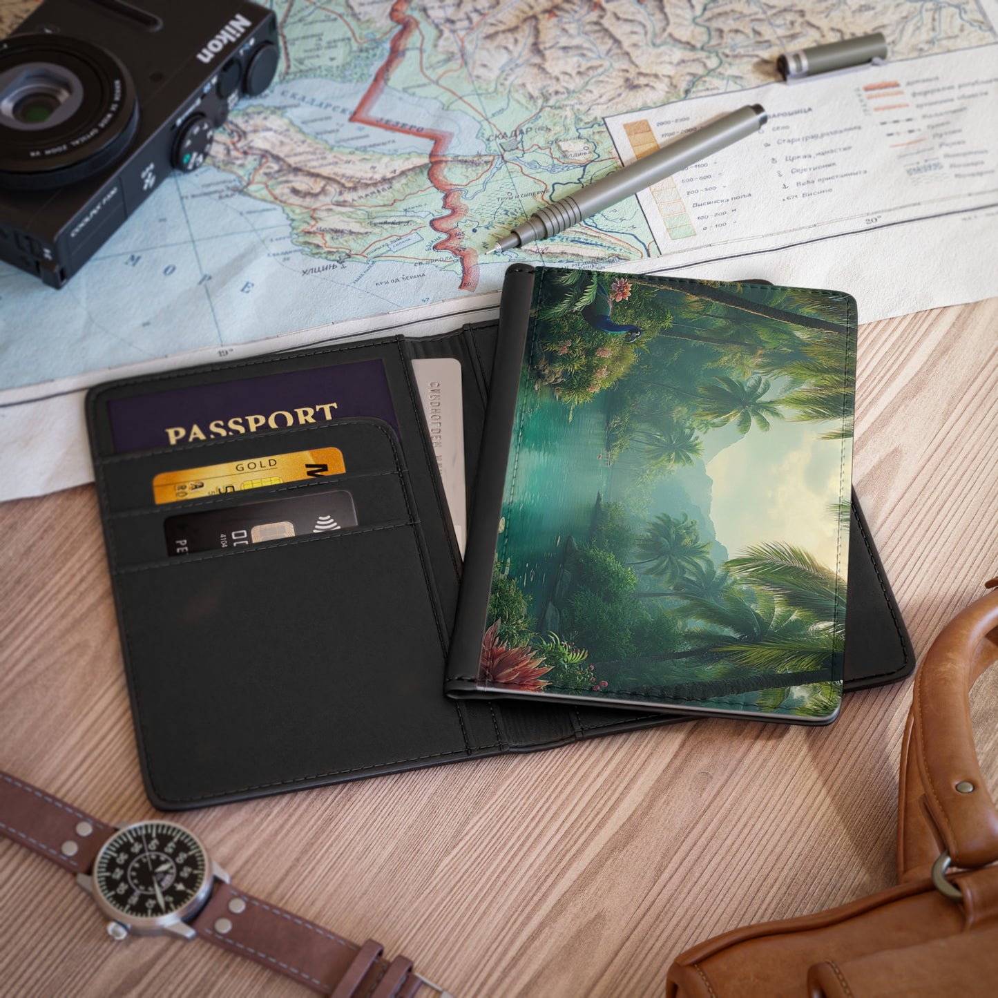 Tropical Passport Cover, Faux Leather - RFID blocking for travel security / Resting Peacocks