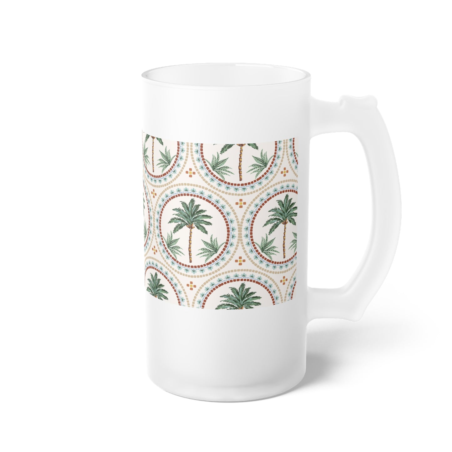 Frosted Glass Beer Mug, Mosaic Palm Tree