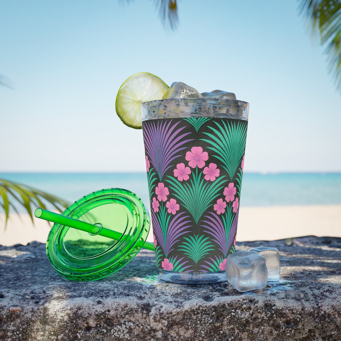 Tropical Tumbler with Straw | 16oz Colorful Travel Cup / Midnight Hibiscus Deco, Pink