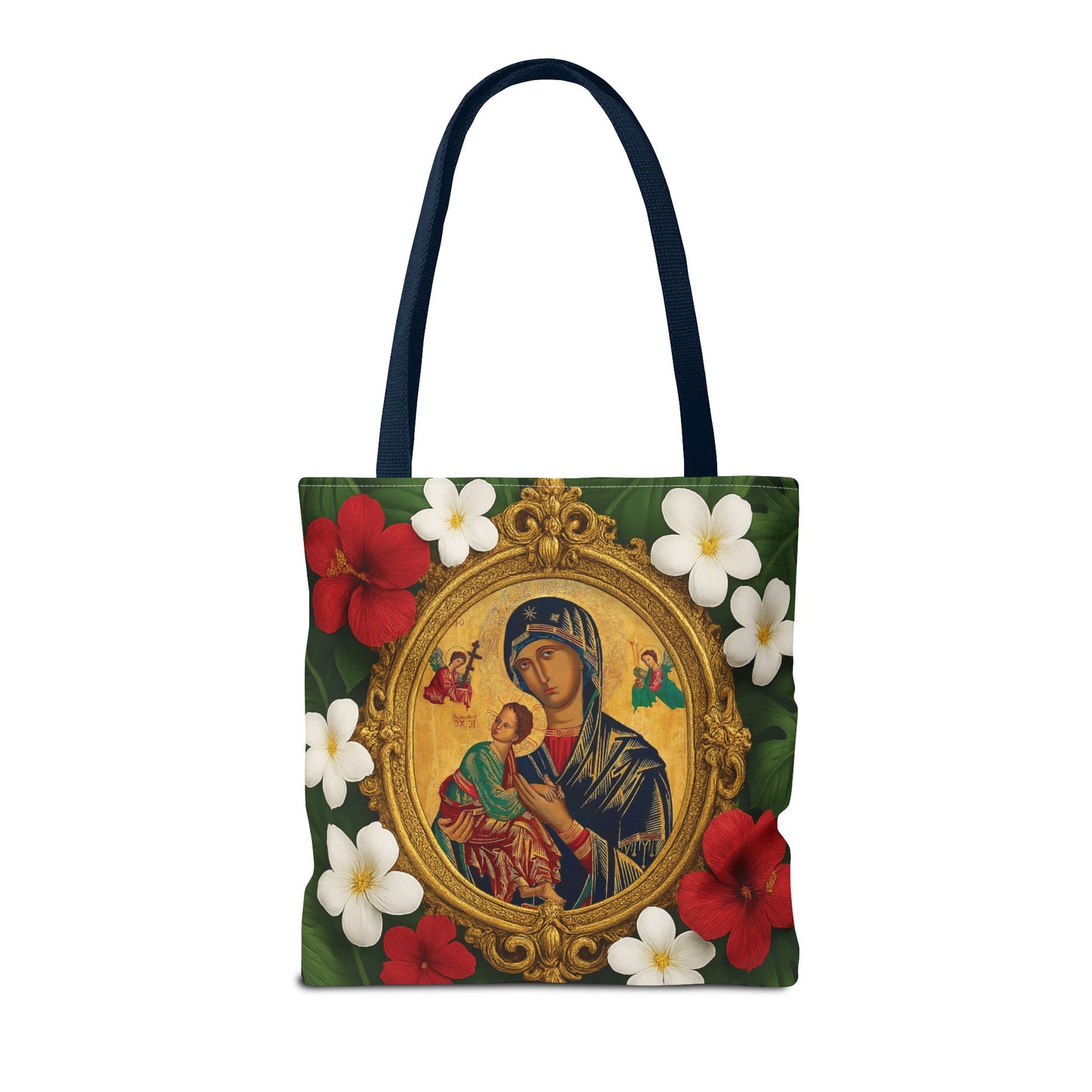 Religious Art Polyester Tote Bag, 3 Sizes / Our Lady of Perpetual Help, Red Flowers