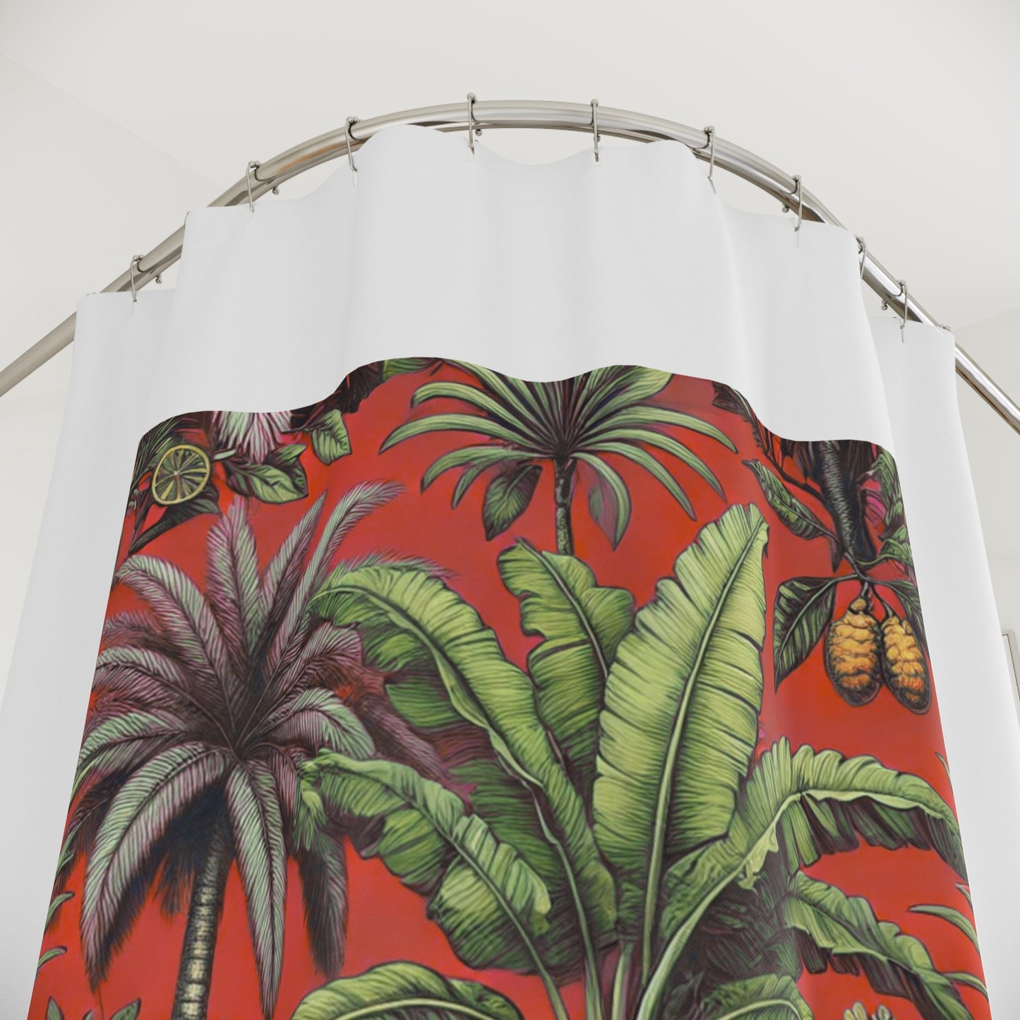 Palm Tree Shower Curtain - Ocean Bathroom Decor / Tropical Fruit/Red, White
