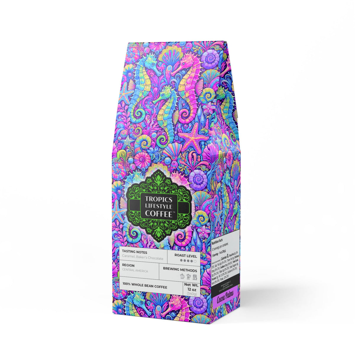 Cocoa Palms Blend™ (Medium-Dark Roast) Specialty Grade Craft Coffee / Seahorse Trio, Fantasy Pop