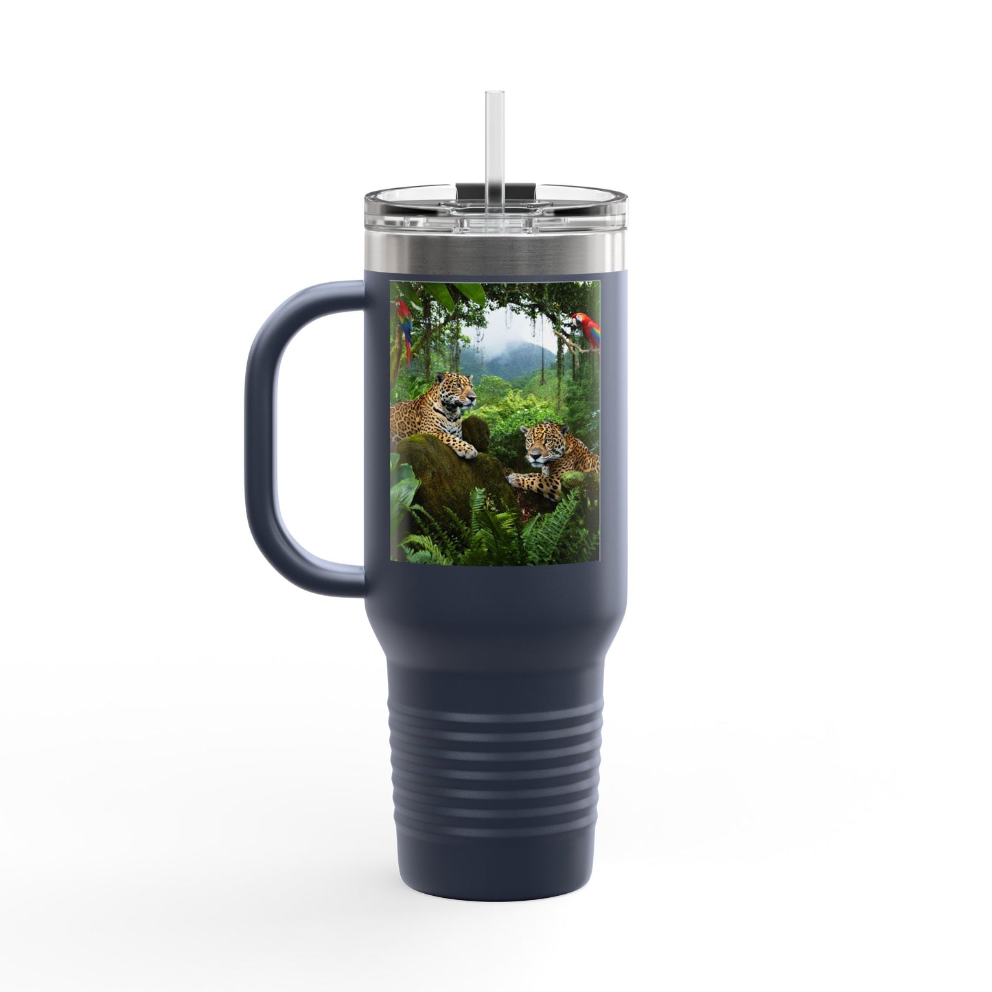 Insulated Travel Mug, 40oz / Jaguars and Parrots - Perfect for Outdoor Adventures