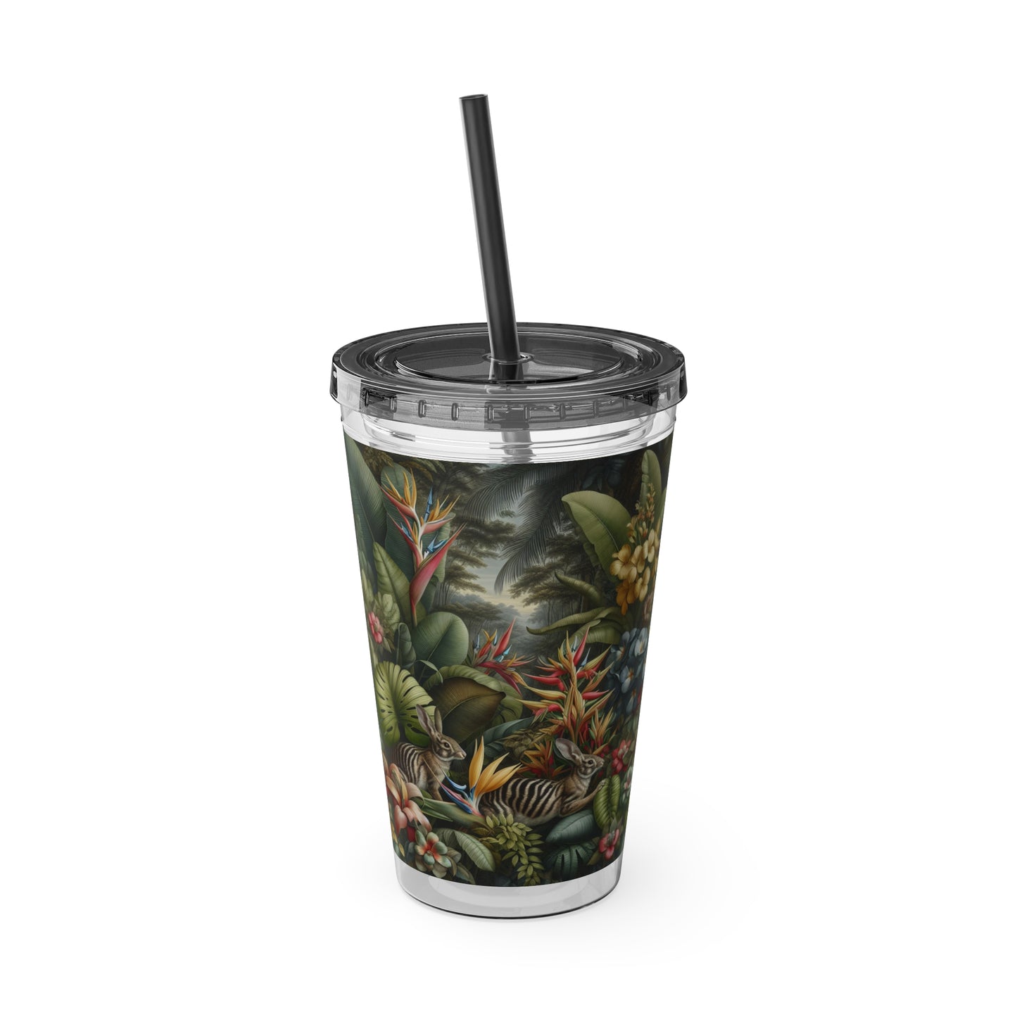 Tropical Tumbler with Straw | 16oz Colorful Travel Cup / Rainforest Rabbit Outing