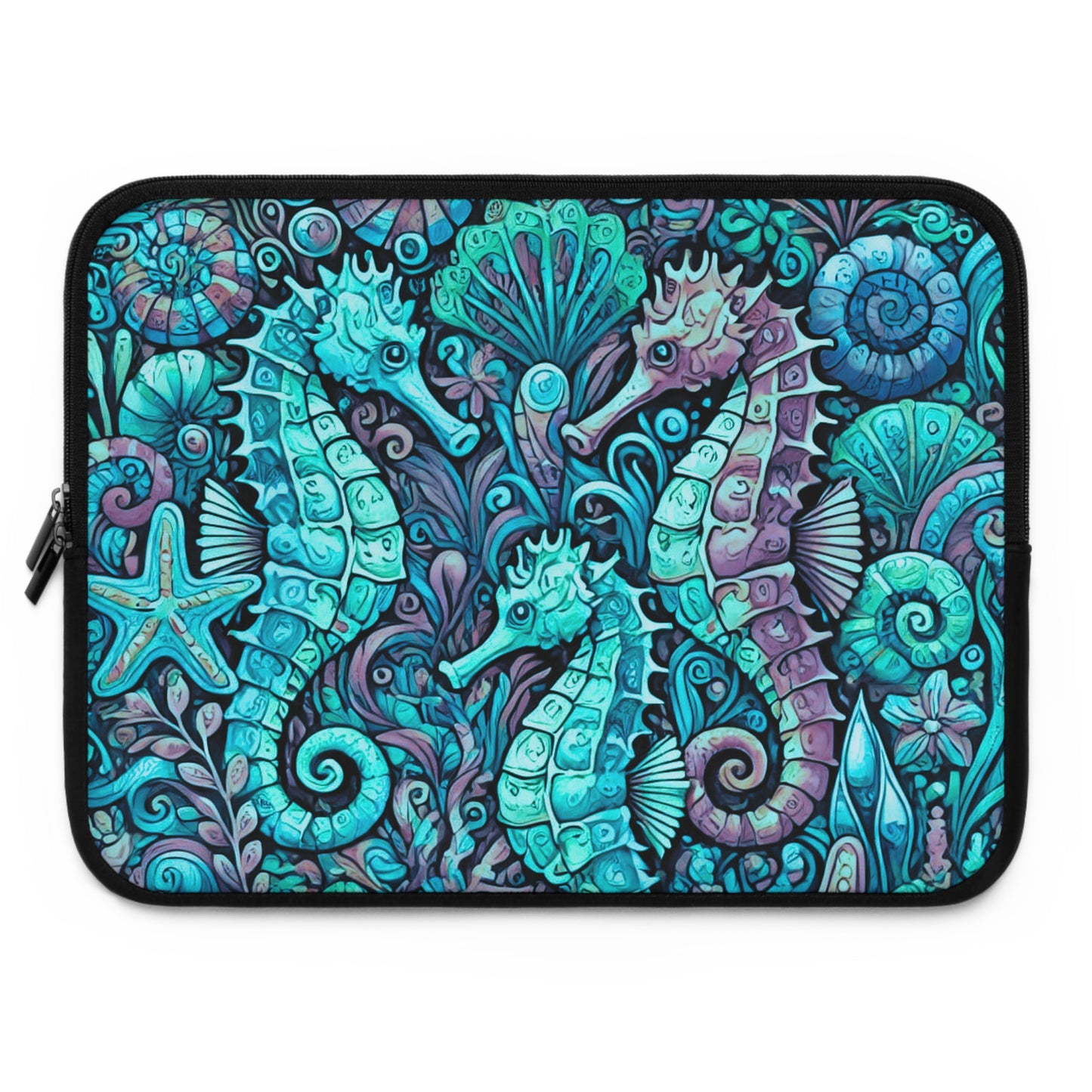Tropical Laptop Sleeve, 5 Sizes - Perfect for Ocean Lovers & Students / Seahorse Trio, Turquoise