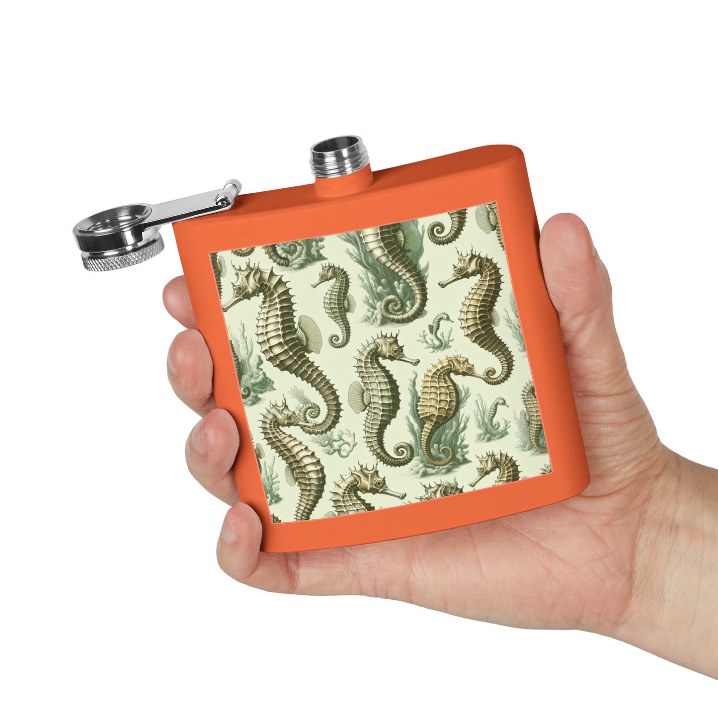 Tropical Stainless Steel 6 oz. Flask, Many Colors  – Green Toile Seahorses
