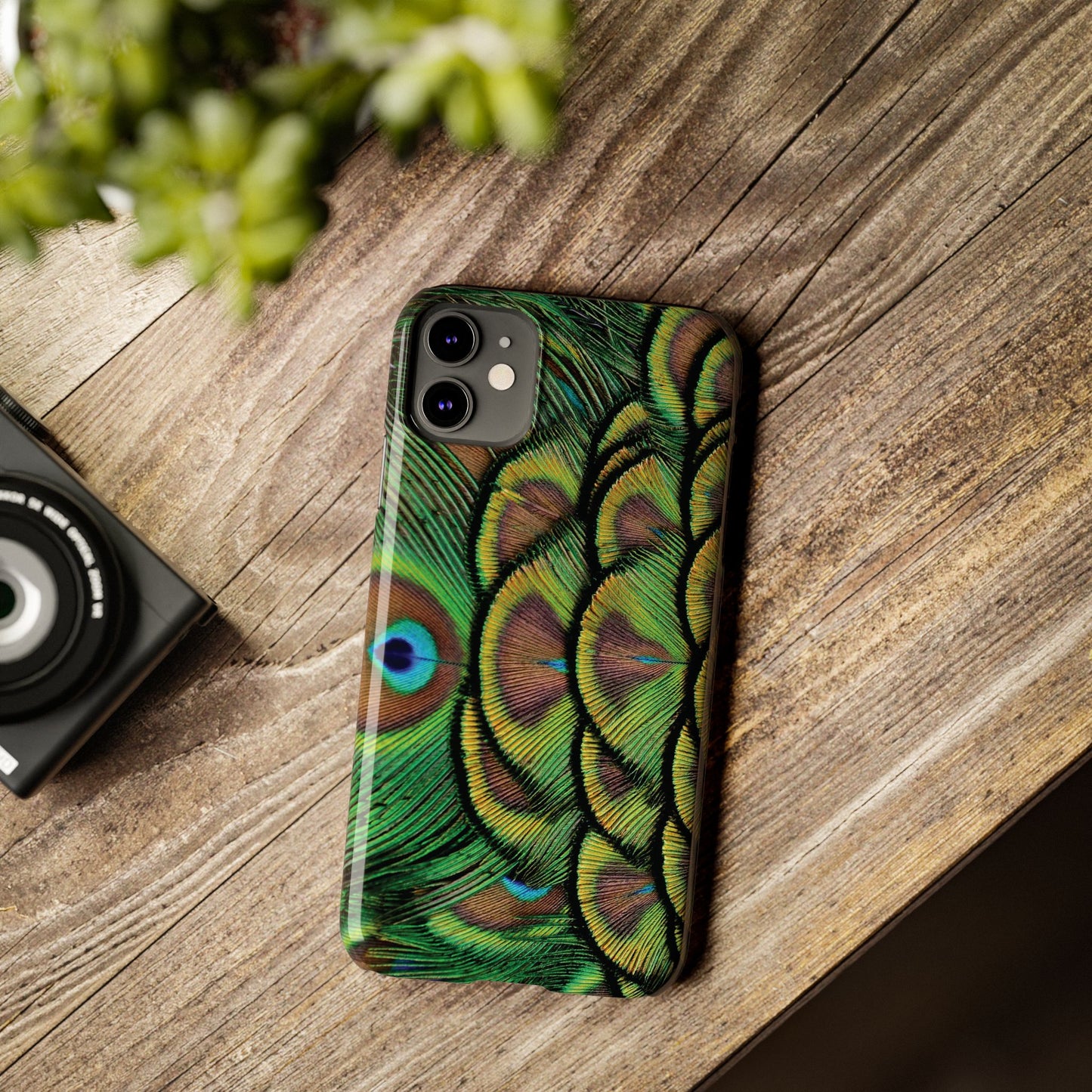 Slim Phone Cases - Brilliant Green Peacock Feathers