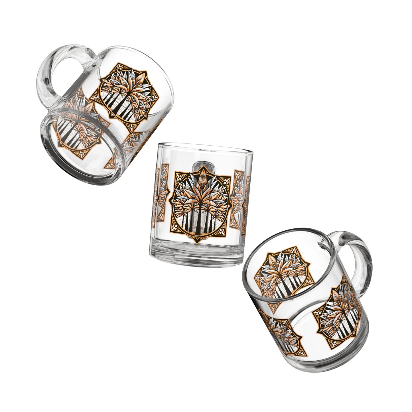 Tropical Glass Mug - 10oz Coffee Cup / Deco Palms, Cinnamon