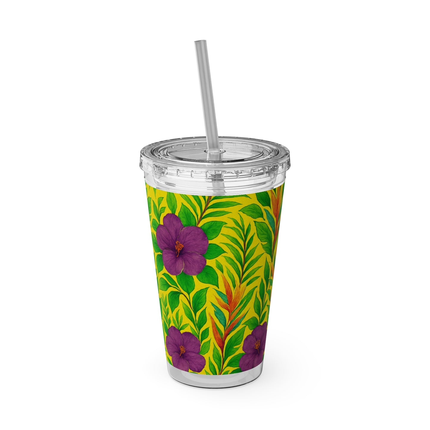 Tropical Tumbler with Straw | 16oz Colorful Travel Cup / Midnight Flower Yellow