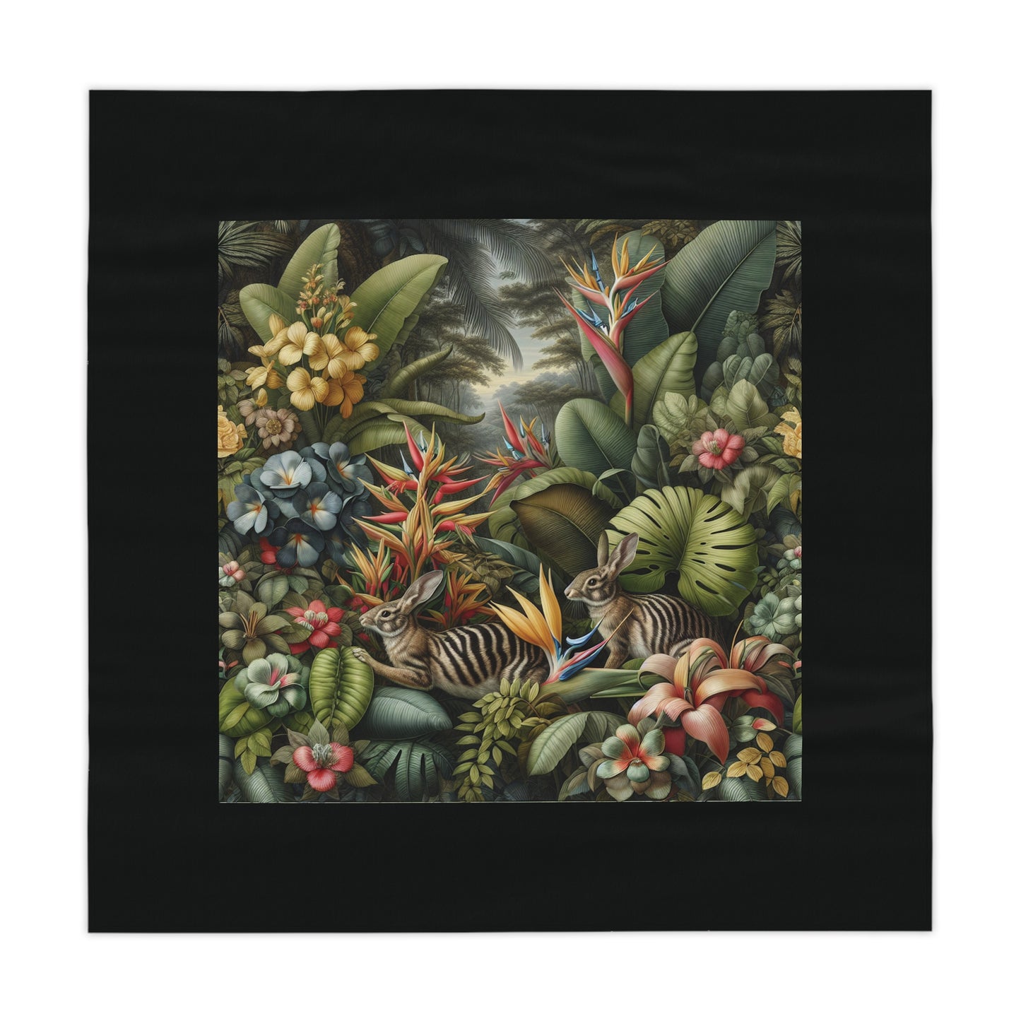 Rainforest Rabbit Outing/Black Tablecloth, 55" x 55"