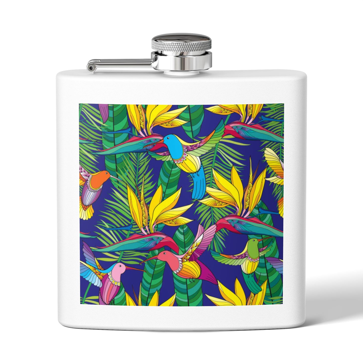 Tropical Stainless Steel 6 oz. Flask, Many Colors  – Bird of Paradise Toile