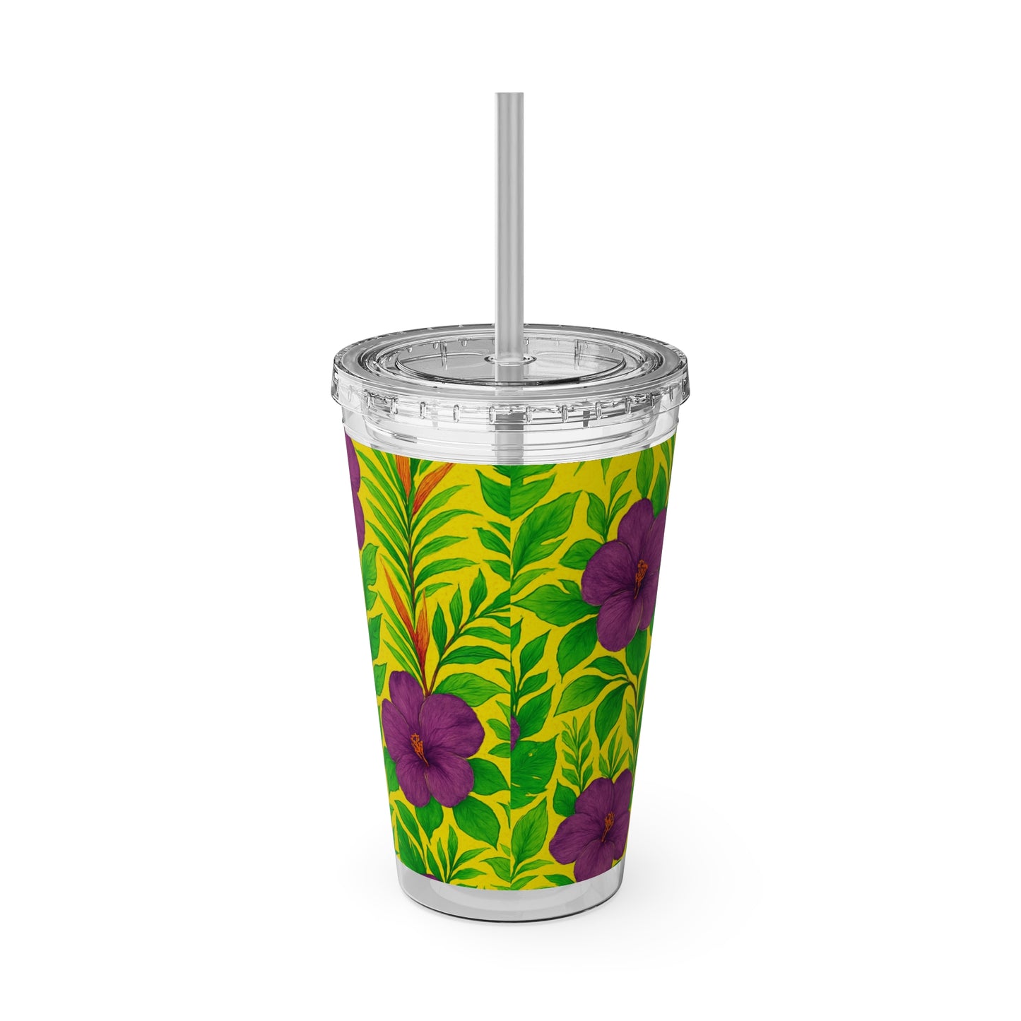 Tropical Tumbler with Straw | 16oz Colorful Travel Cup / Midnight Flower Yellow