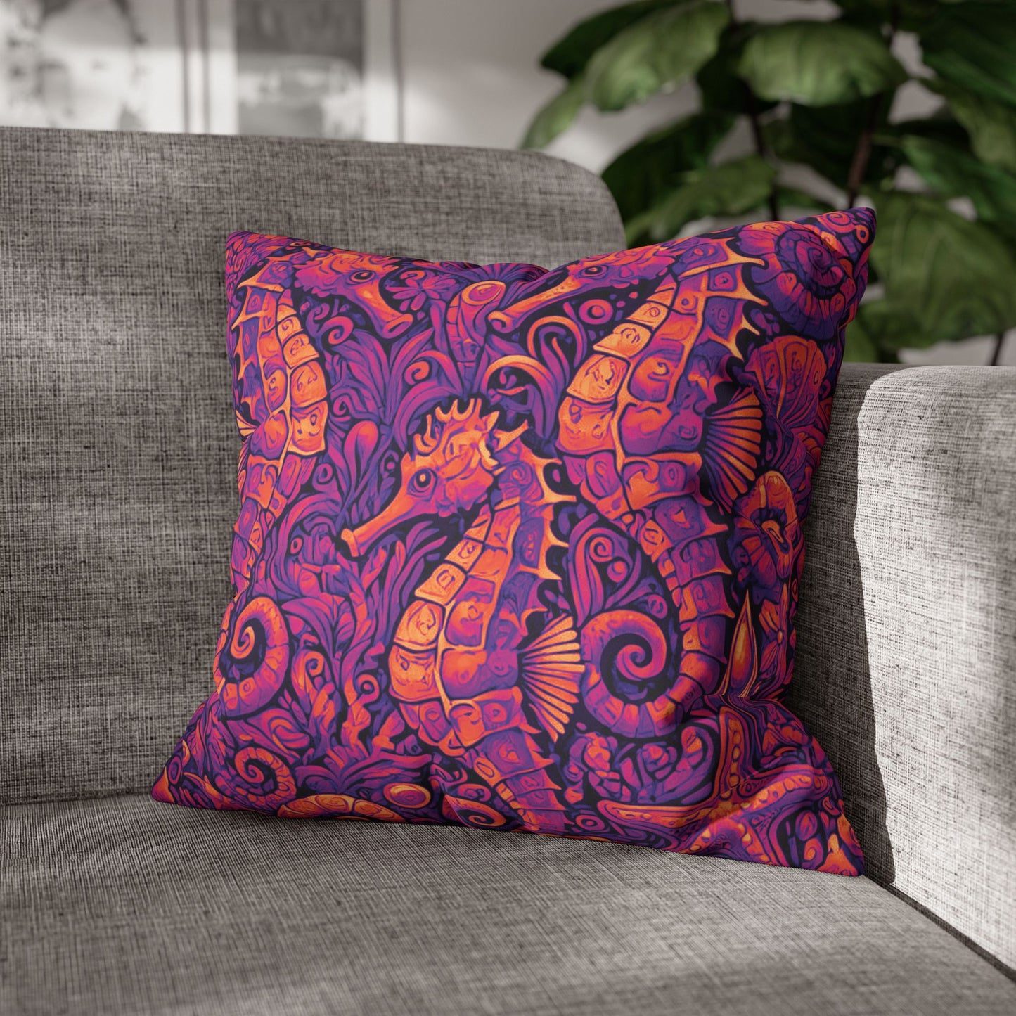 Faux Suede Square Pillowcase - Seahorse Trio, Heatwave