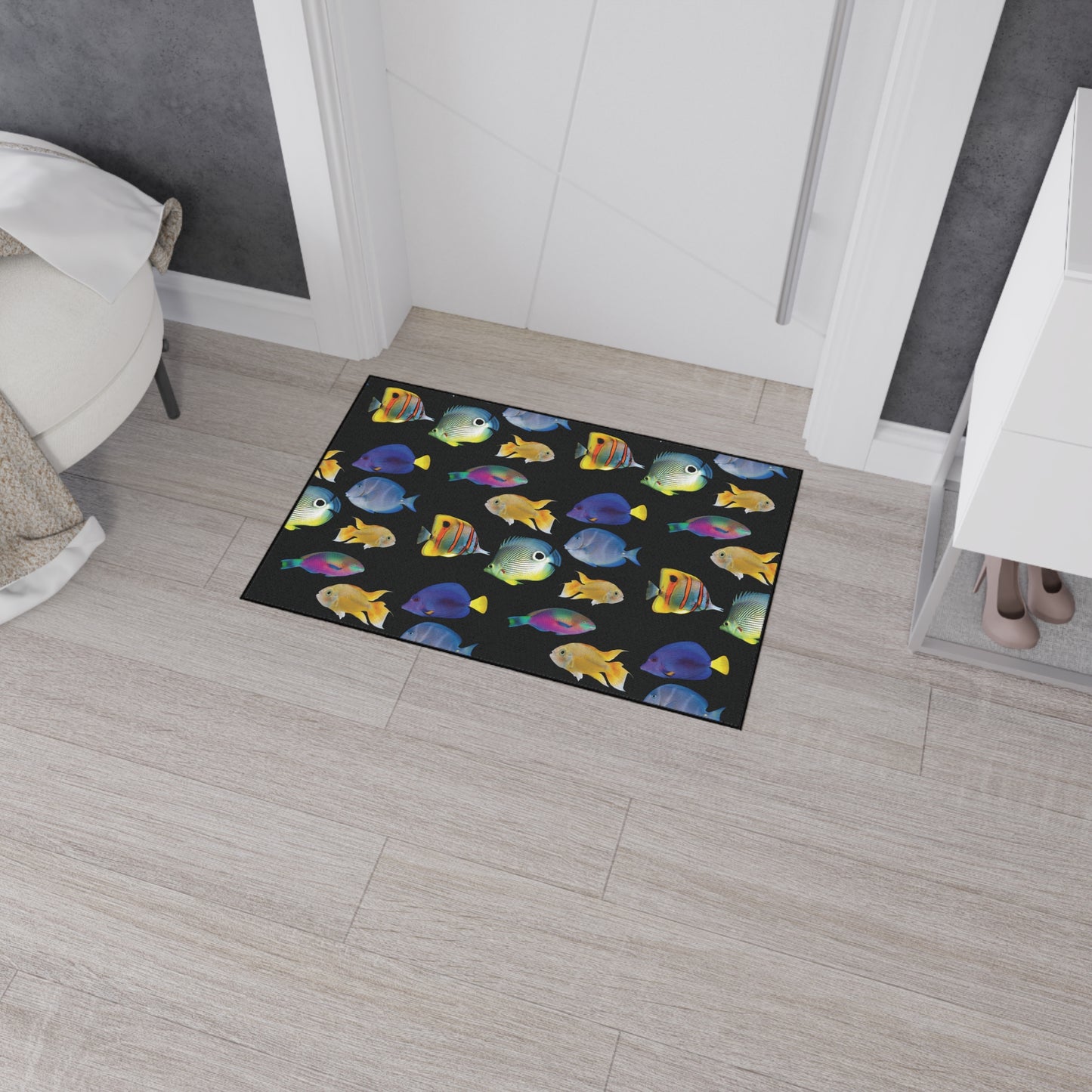 Heavy Duty Floor Mat, 5 Sizes – Tropical Area Rug for Home Décor / School of  Fish, Black