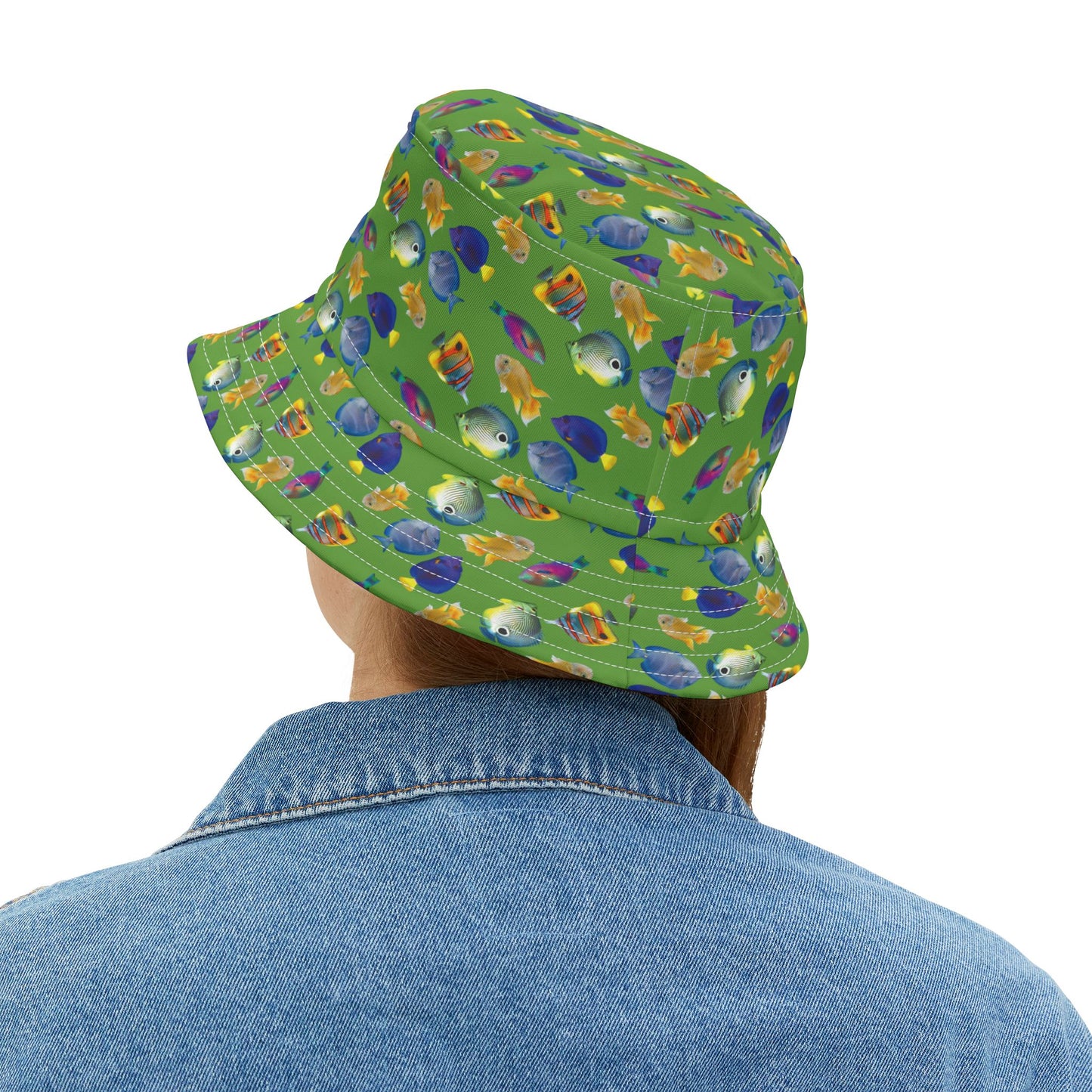 Tropical Polyester Bucket Hat, 2 Sizes - School of Fish / Light Green