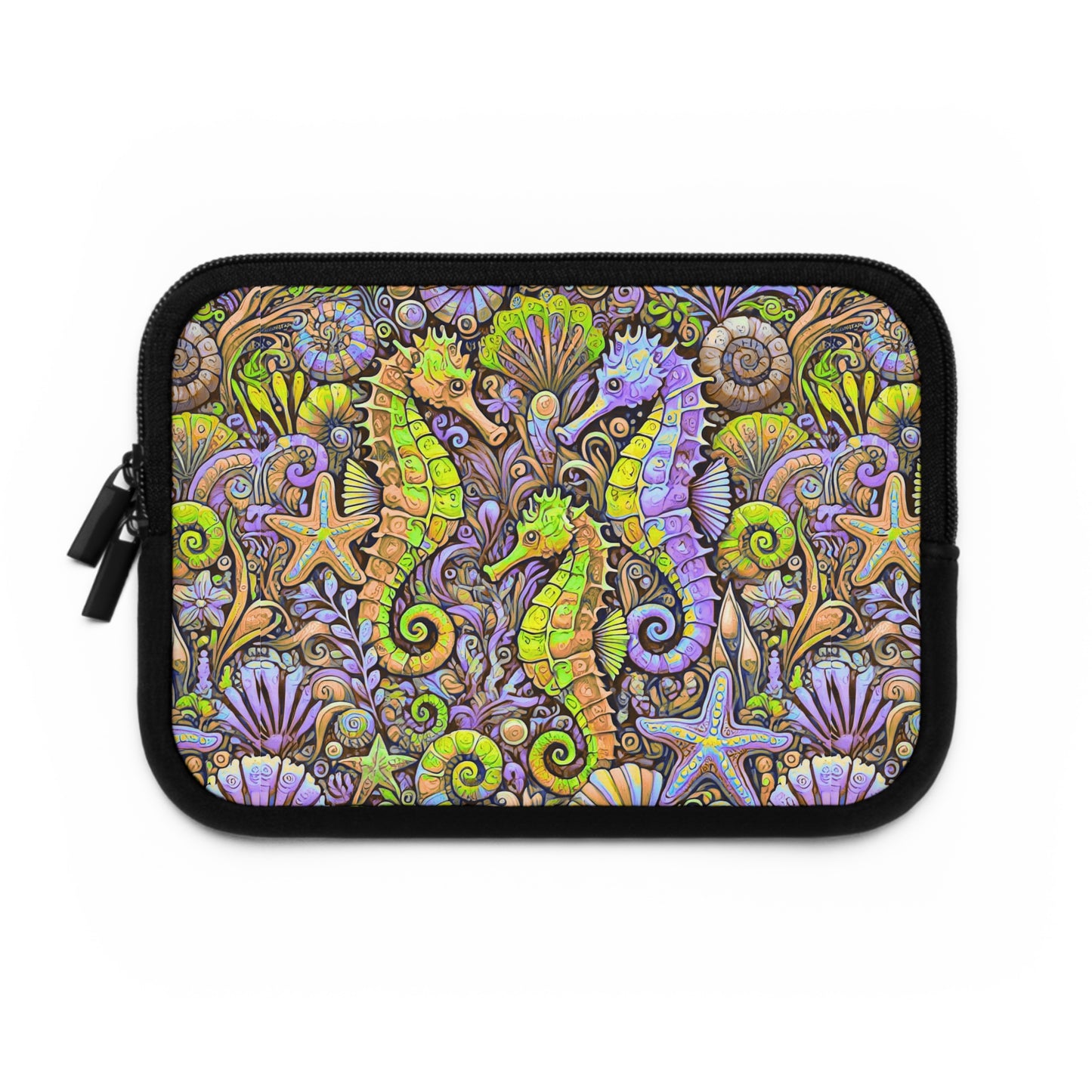 Tropical Laptop Sleeve, 5 Sizes - Perfect for Beach Lovers & Students / Seahorses, Yellow and Purple