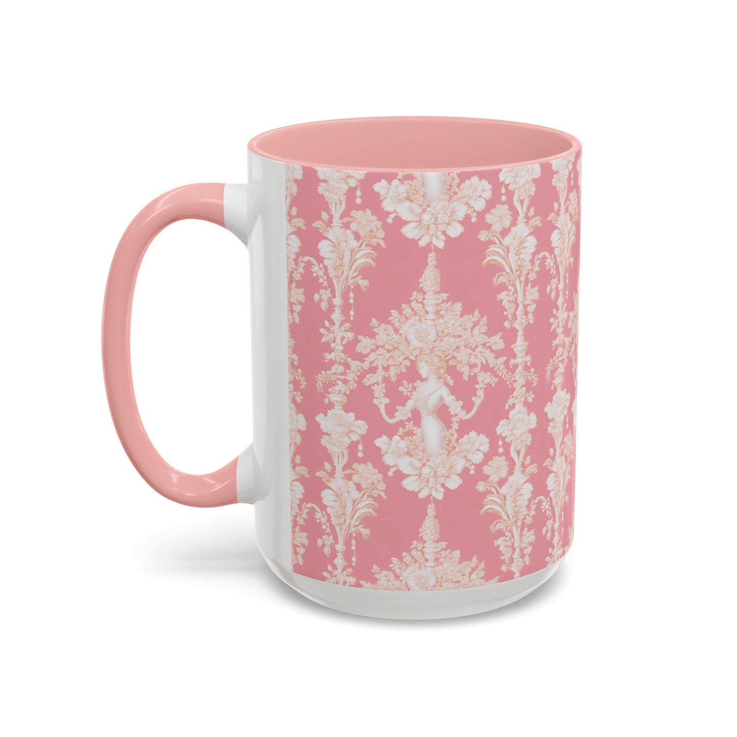 Accent Coffee Mug (11, 15oz), Pearl Lady Toile/Hibiscus Pink Repeat, Various Colors