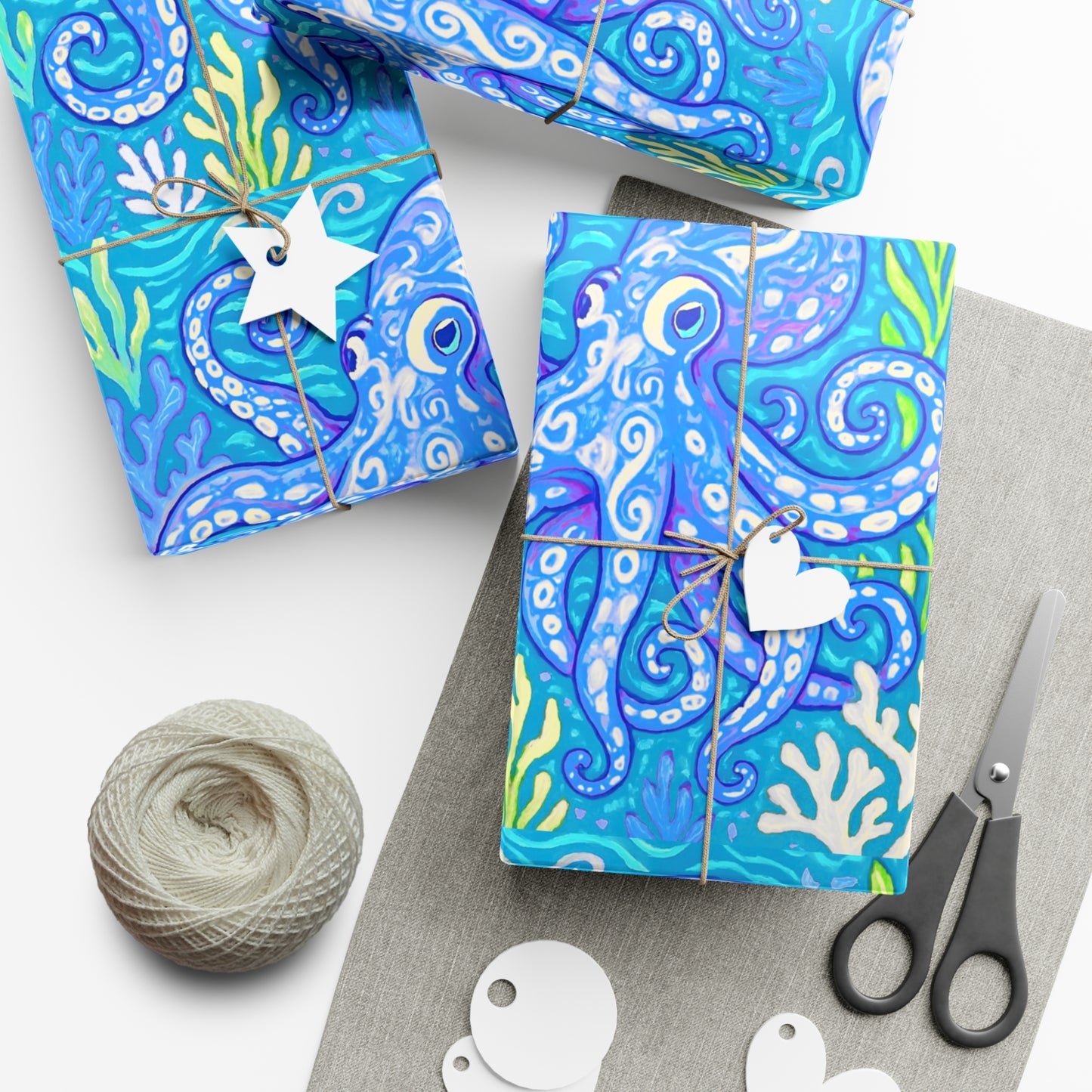 Wrapping Paper - Tropical Gift Wrap for All Occasions / 3 Sizes, 2 Finishes / Octopus Kraken Joe, Blue