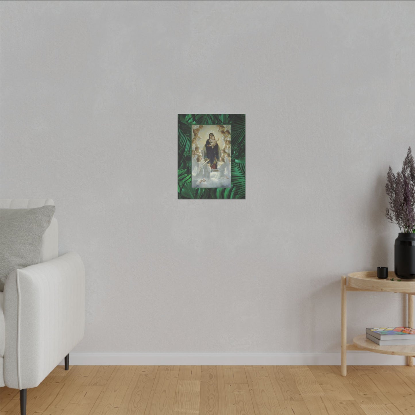 "Tropical Rainforest Our Lady With Angels" Religious Canvas Artwork - Stretched Canvas Print / Virgin Mary & Jesus