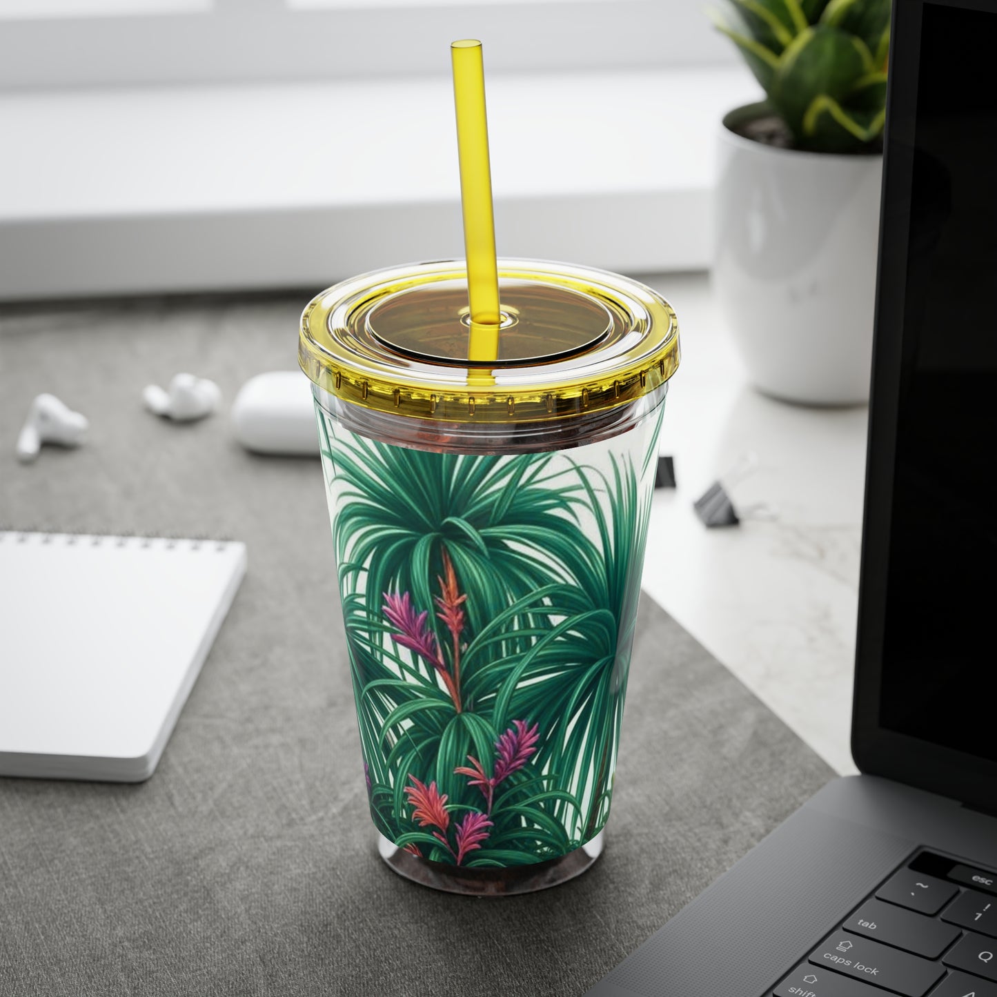 Tropical Tumbler with Straw | 16oz Colorful Travel Cup / Tiny Palm Island