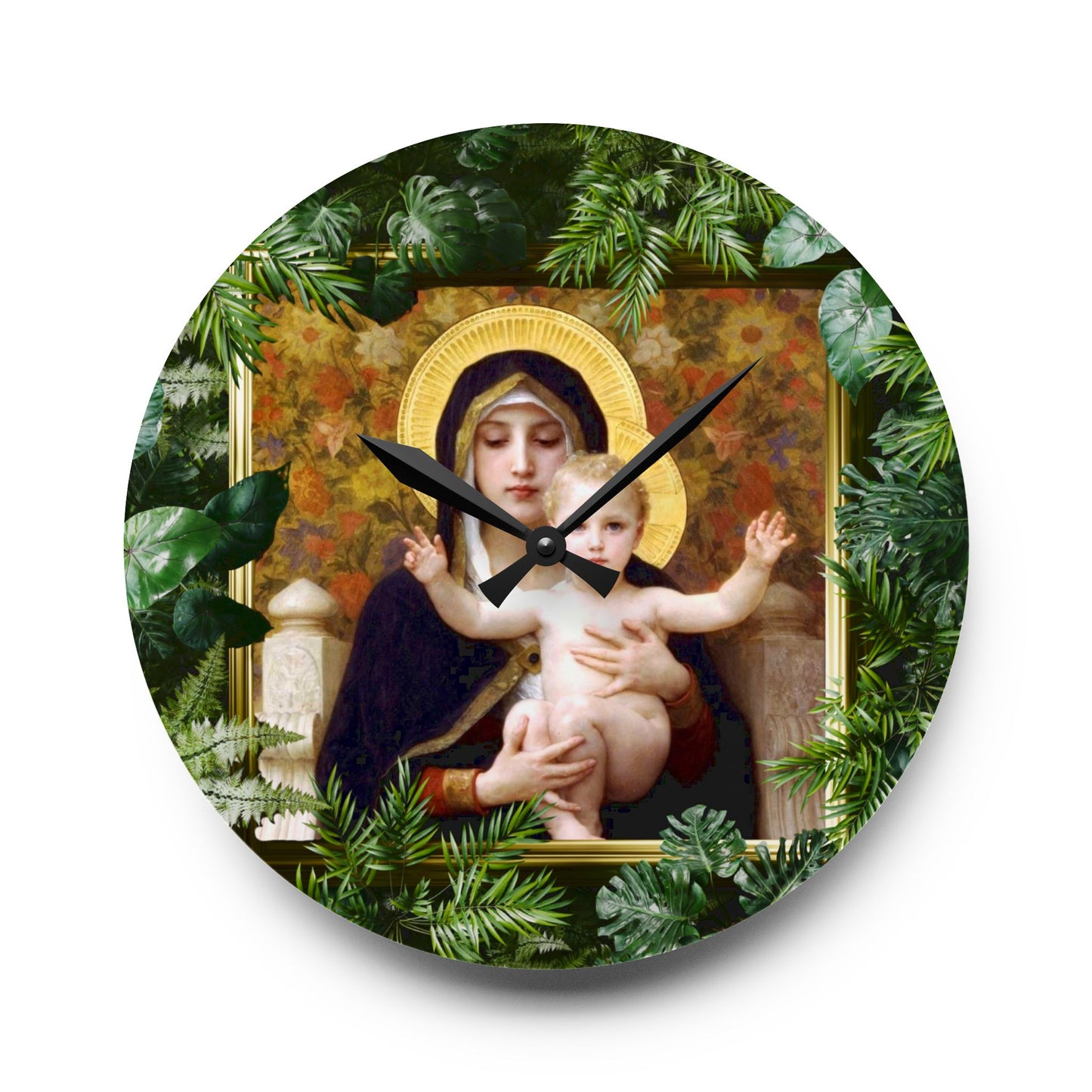 "Tropical Rainforest Madonna of Lilies" Acrylic Wall Clock - Elegant Religious Decor for Home and Office