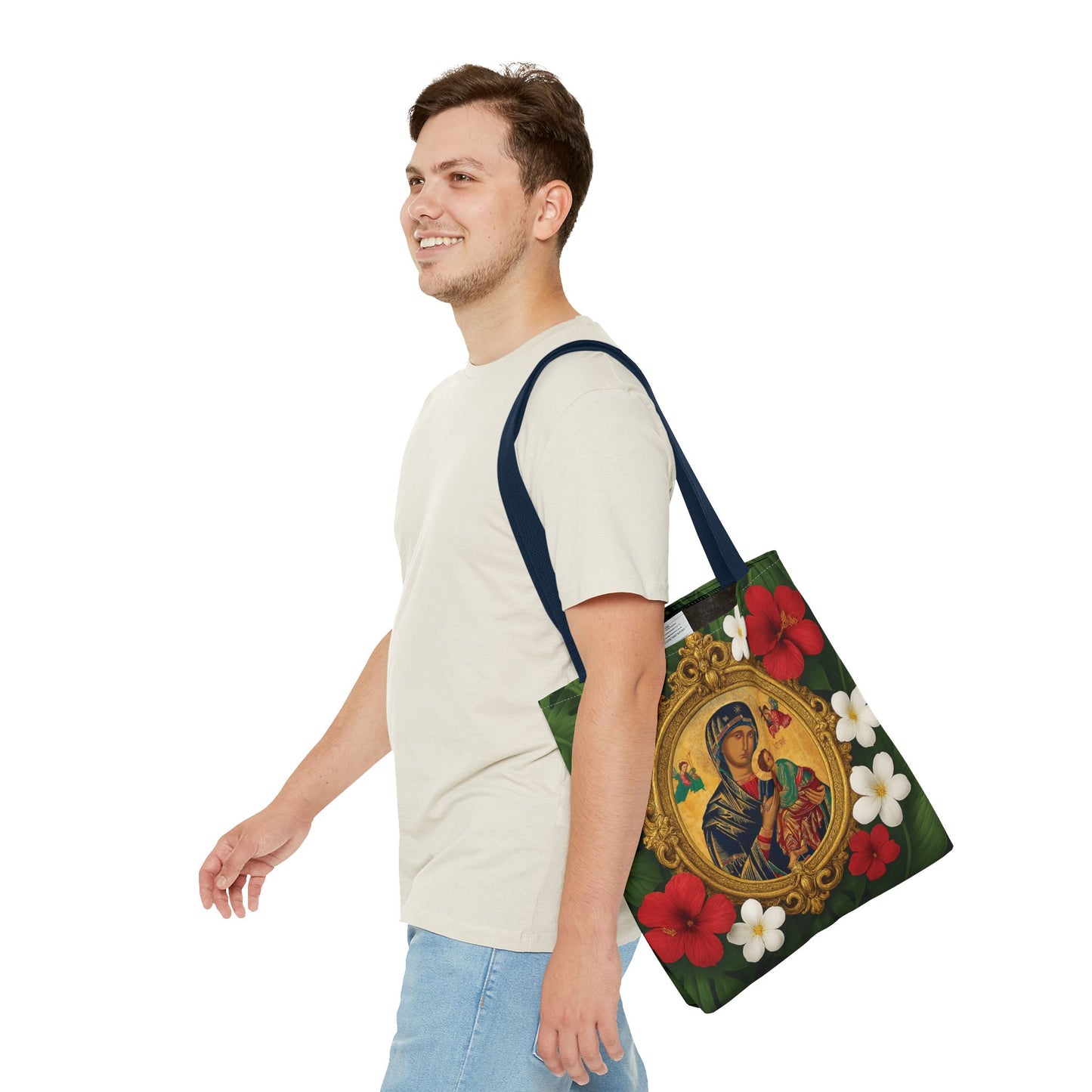 Religious Art Polyester Tote Bag, 3 Sizes / Our Lady of Perpetual Help, Red Flowers