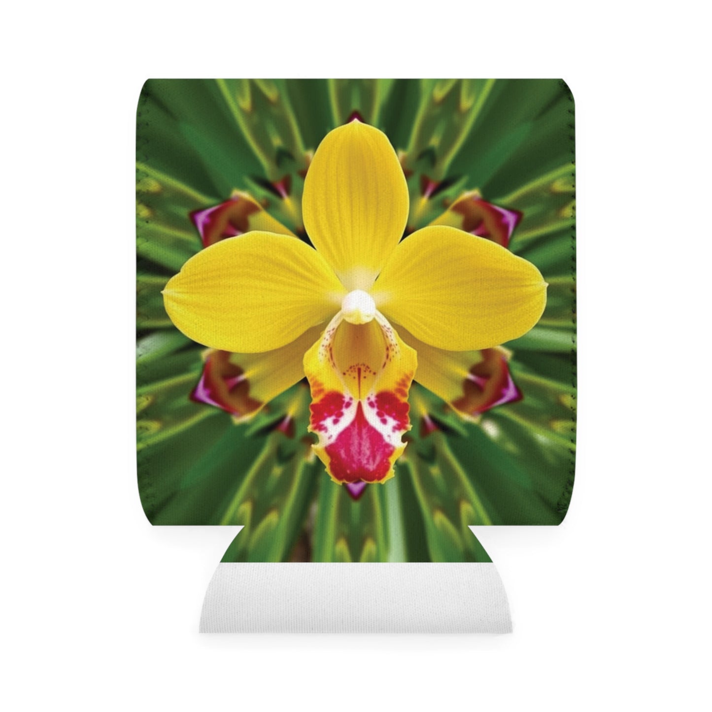 Kaleido Yellow Orchid Can Cooler Sleeve - Perfect for Outdoor Picnics