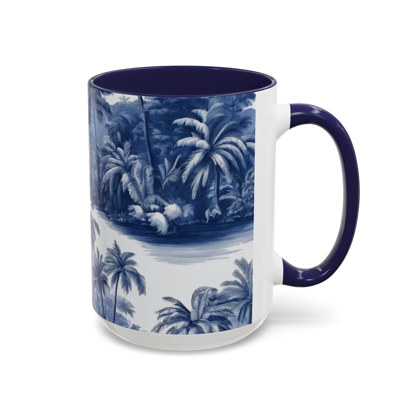 Accent Coffee Mug (11, 15oz), 8 Colors - Tropical Toile Blue/White