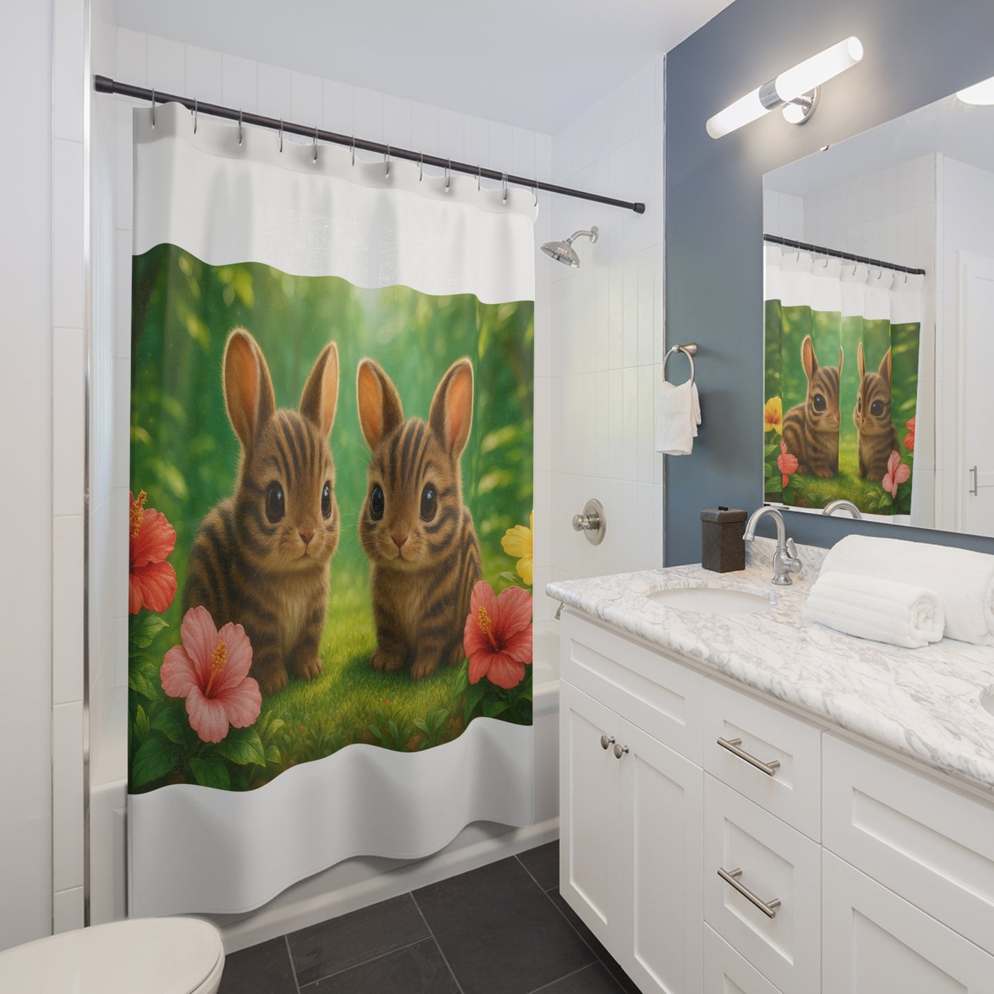 Tropical Shower Curtain - Rainforest Bathroom Decor / Baby Sumatran Rabbits