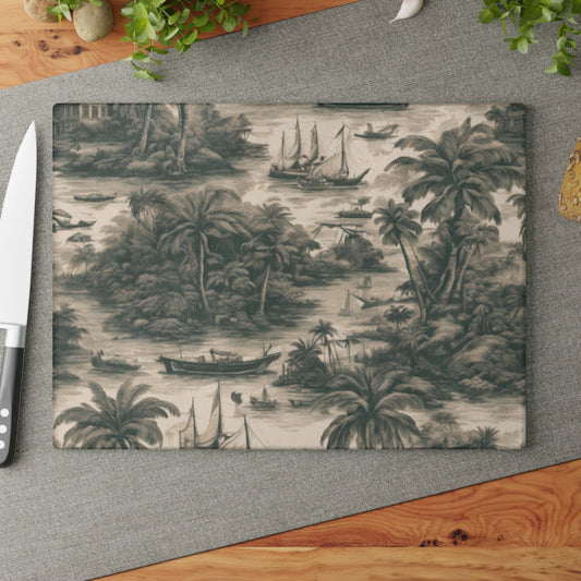 Glass Cutting Board, 2 sizes - Tropical Toile #1, black