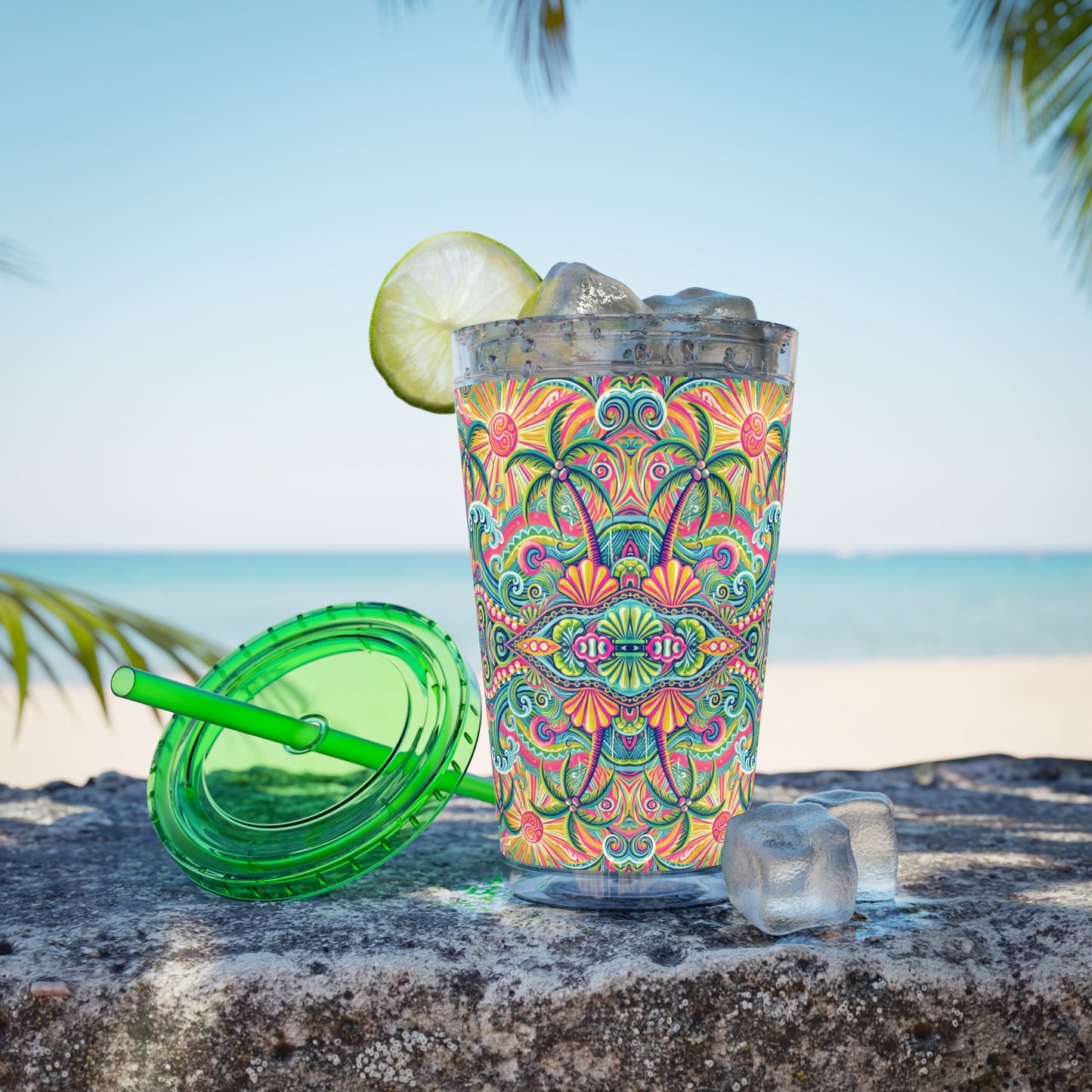 Tropical Tumbler with Straw | 16oz Colorful Travel Cup / Kaleido Bay
