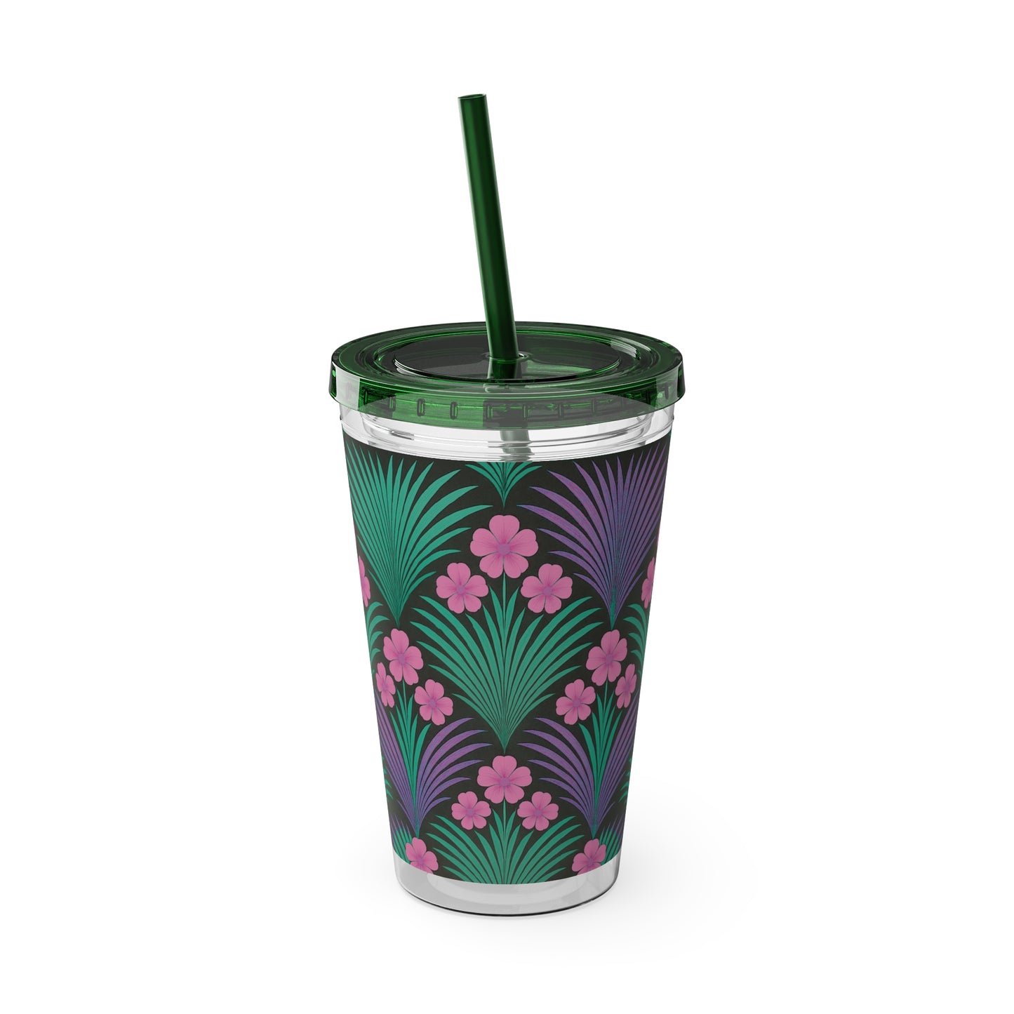 Tropical Tumbler with Straw | 16oz Colorful Travel Cup / Midnight Hibiscus Deco, Pink