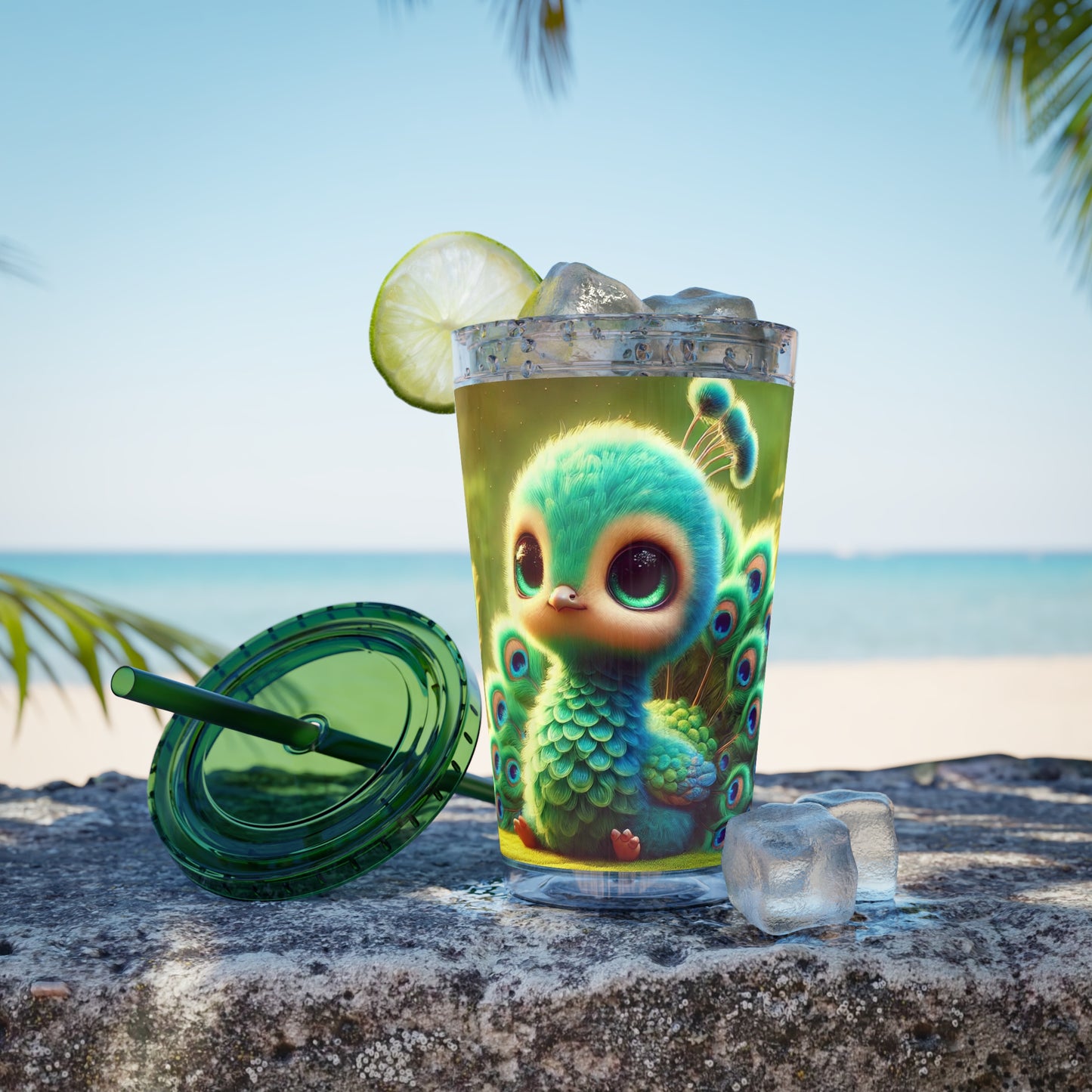 Tropical Tumbler with Straw | 16oz Colorful Travel Cup / Baby Peacock