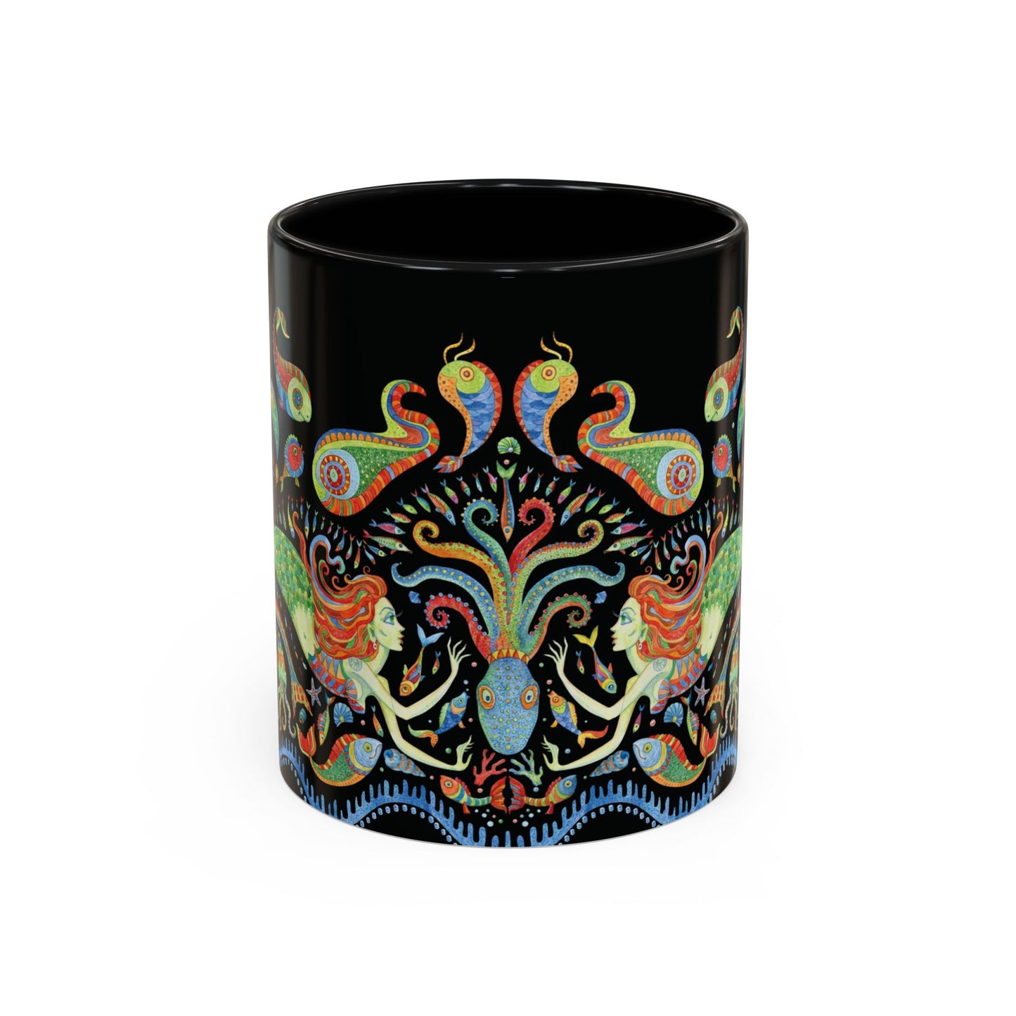 Mermaid Kingdom/Black, Coffee Mug, 8 Colors - Fun Tropical Drinkware for Beach Vibes