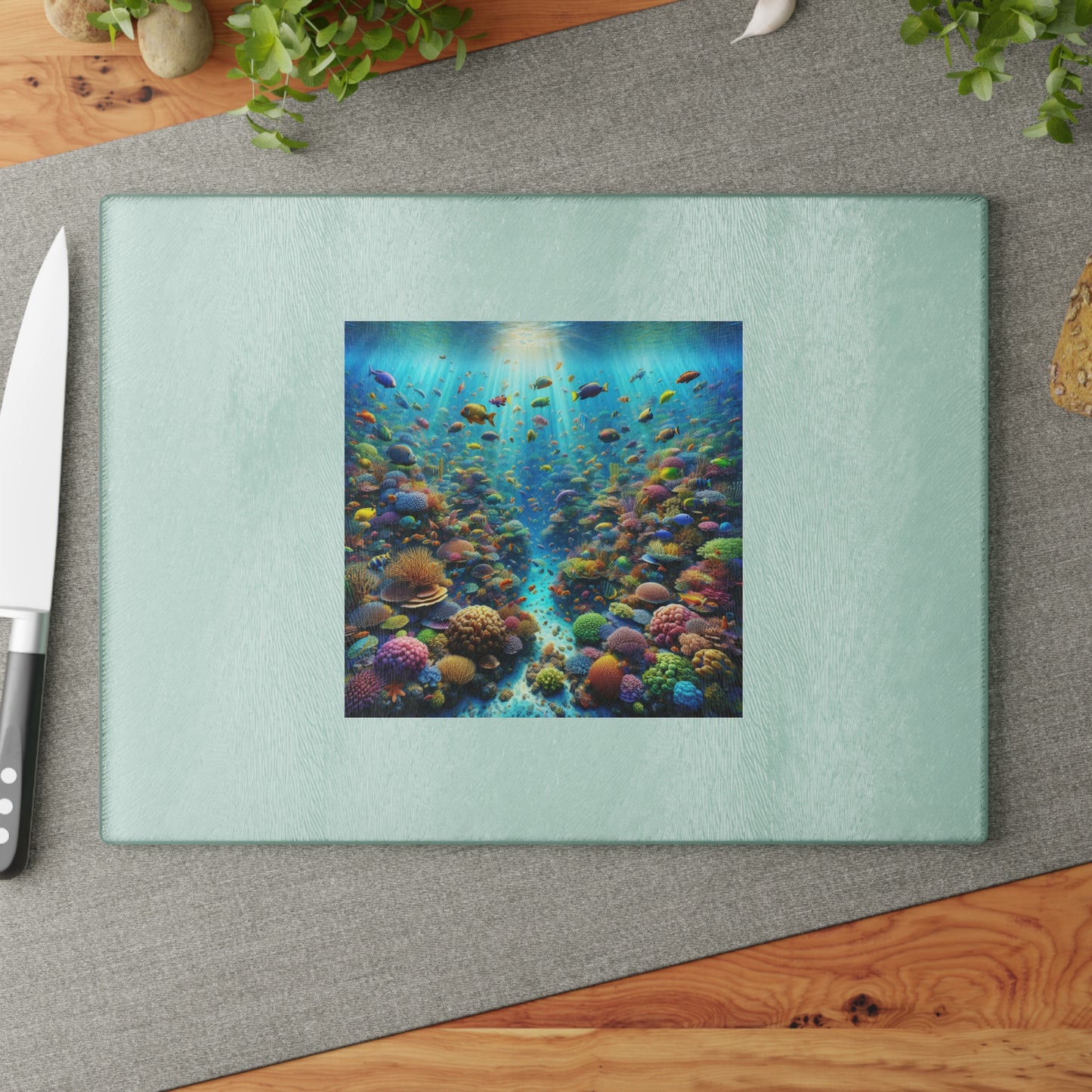 Glass Cutting Board, 2 sizes - Busy Coral Reef/White