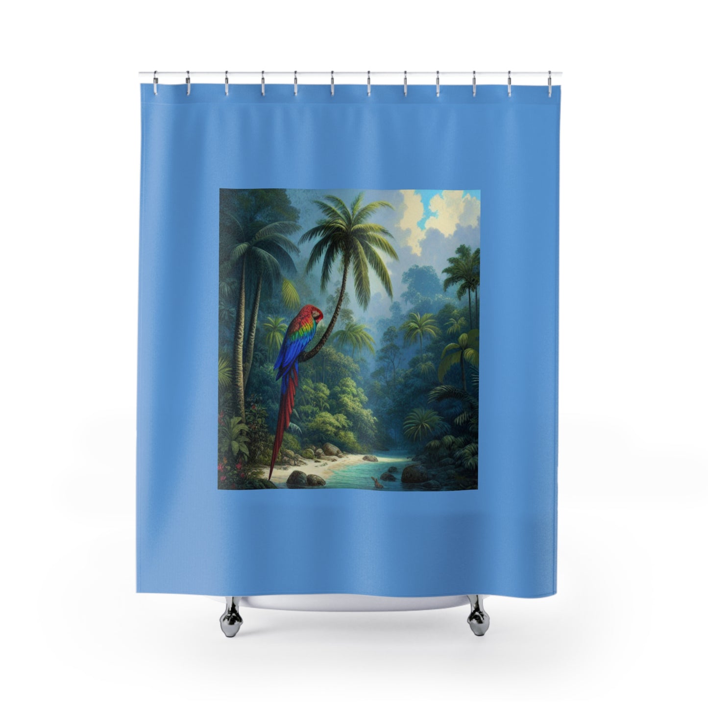 Tropical Shower Curtain - Rainforest Bathroom Decor / Sleeping Beauty Parrot, Lt. Blue