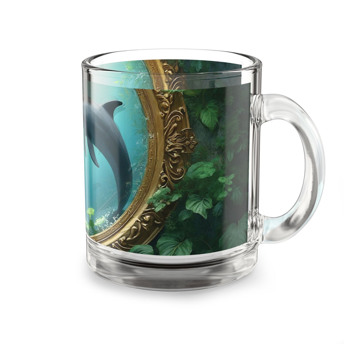 Tropical Glass Mug - 10oz Coffee Cup / Framed Dolphins