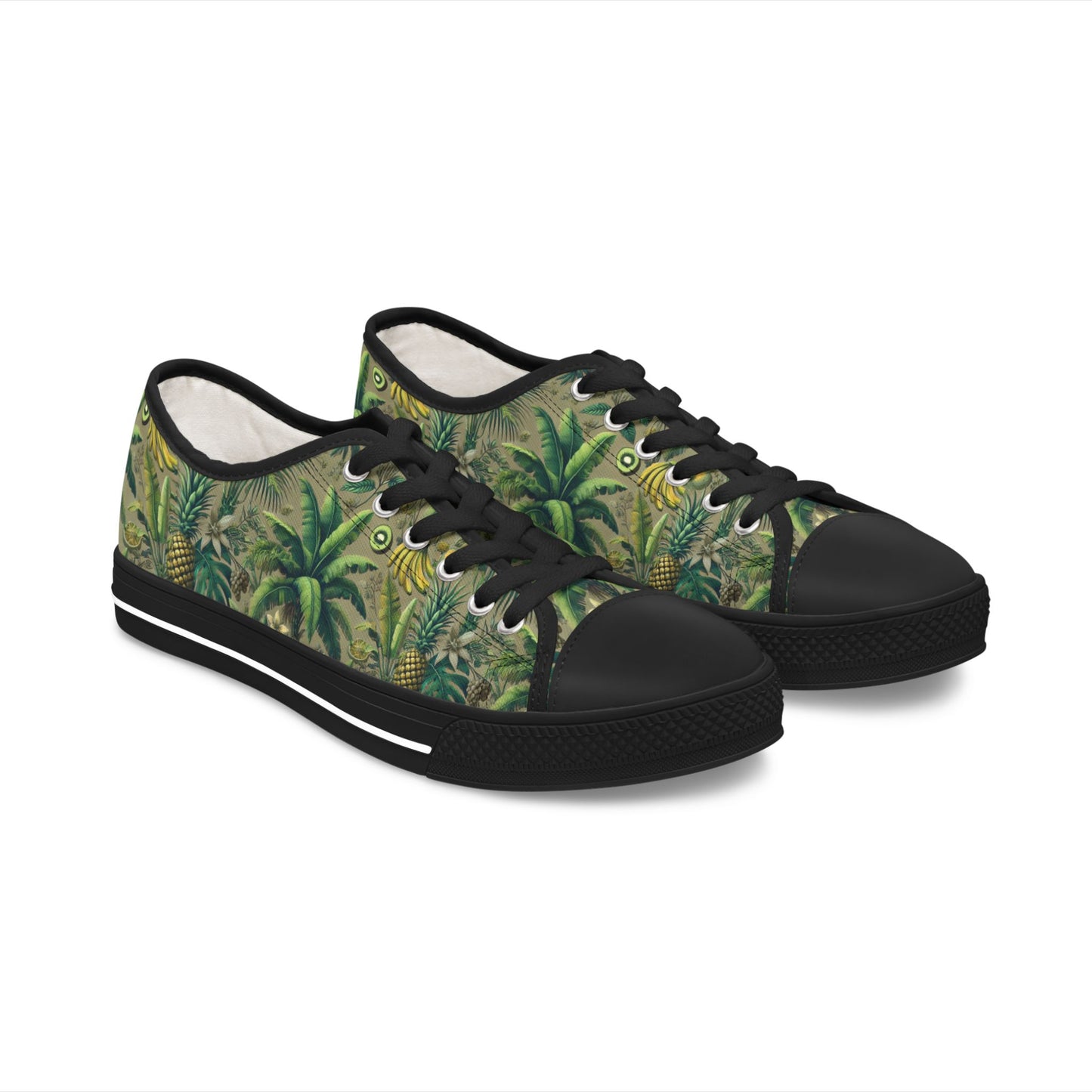 Stylish Women's Low Top Sneakers - Trendy Tropical Casual Footwear for Everyday Wear / Palms and Tropical Fruit/Taupe