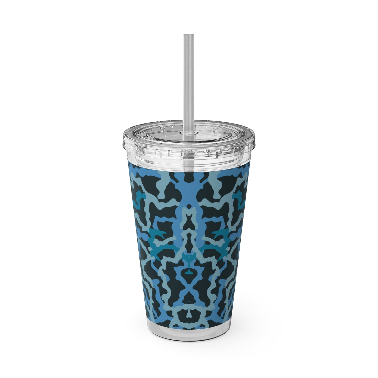 Tropical Tumbler with Straw | 16oz Colorful Travel Cup / Coral Threads, Blue