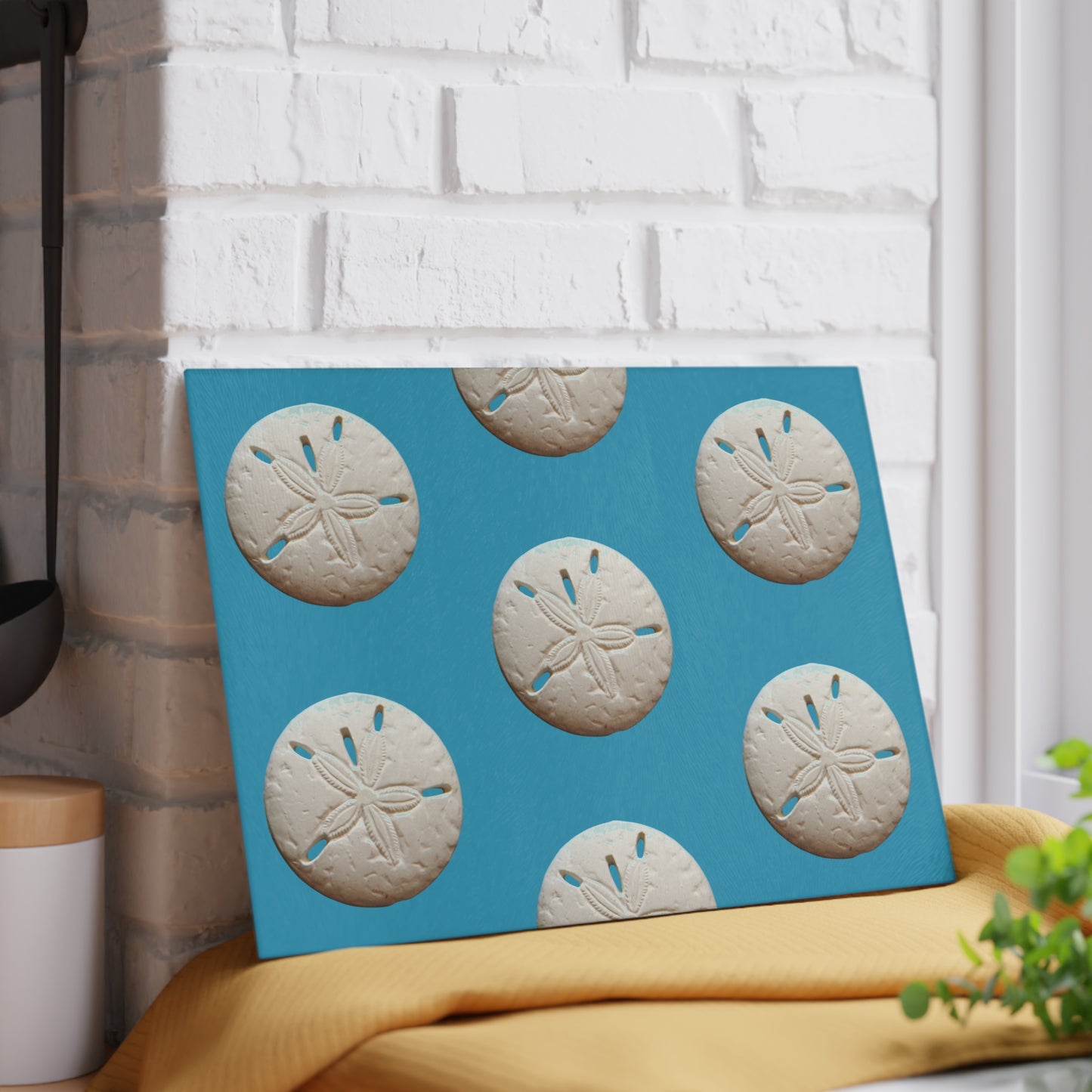 Glass Cutting Board, 2 sizes - White Sand Dollar/Turquoise