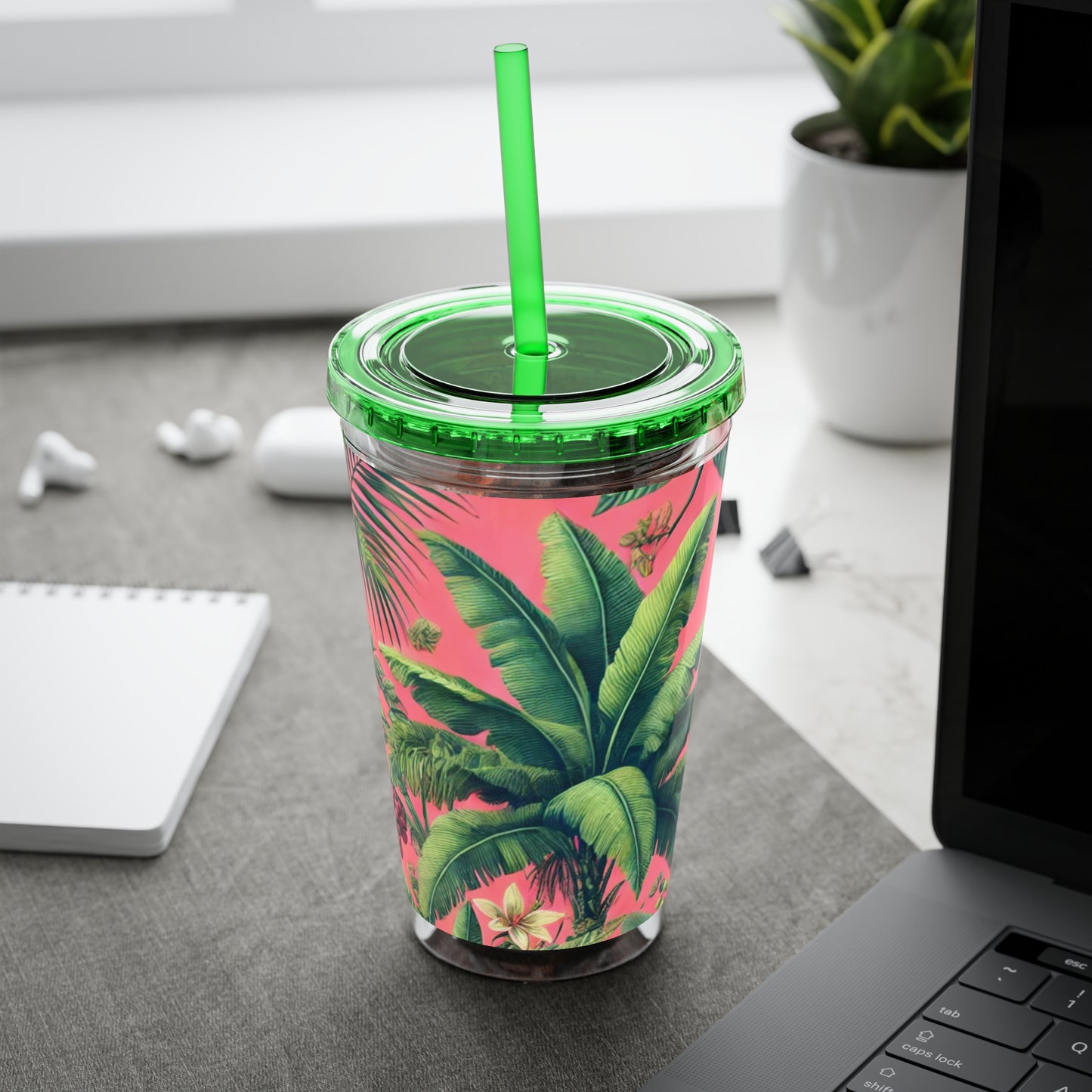 Tropical Tumbler with Straw | 16oz Colorful Travel Cup / More Tropical Fruit, Coral