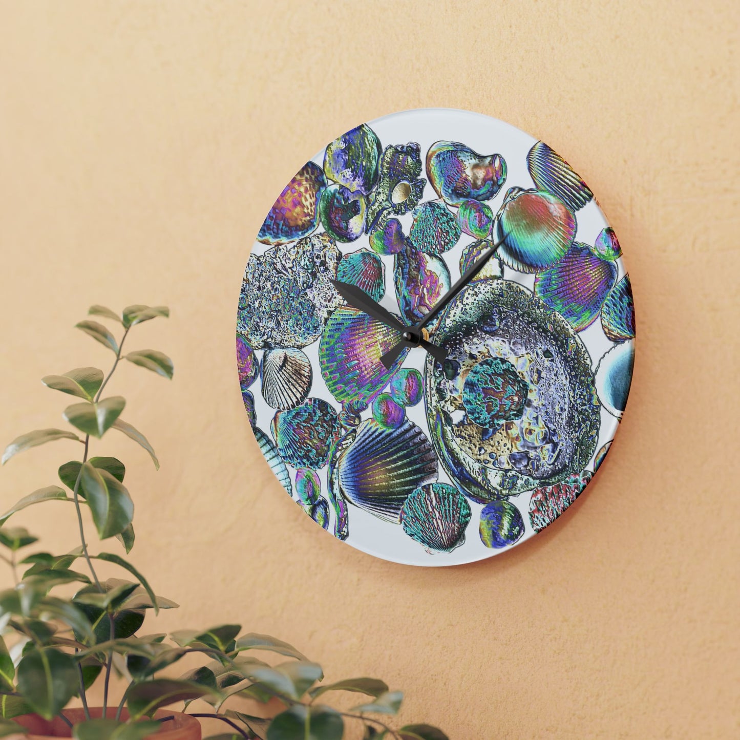 Acrylic Wall Clock - Tropical Decor for Home and Office / Heatwave Seashell Collection / White Background