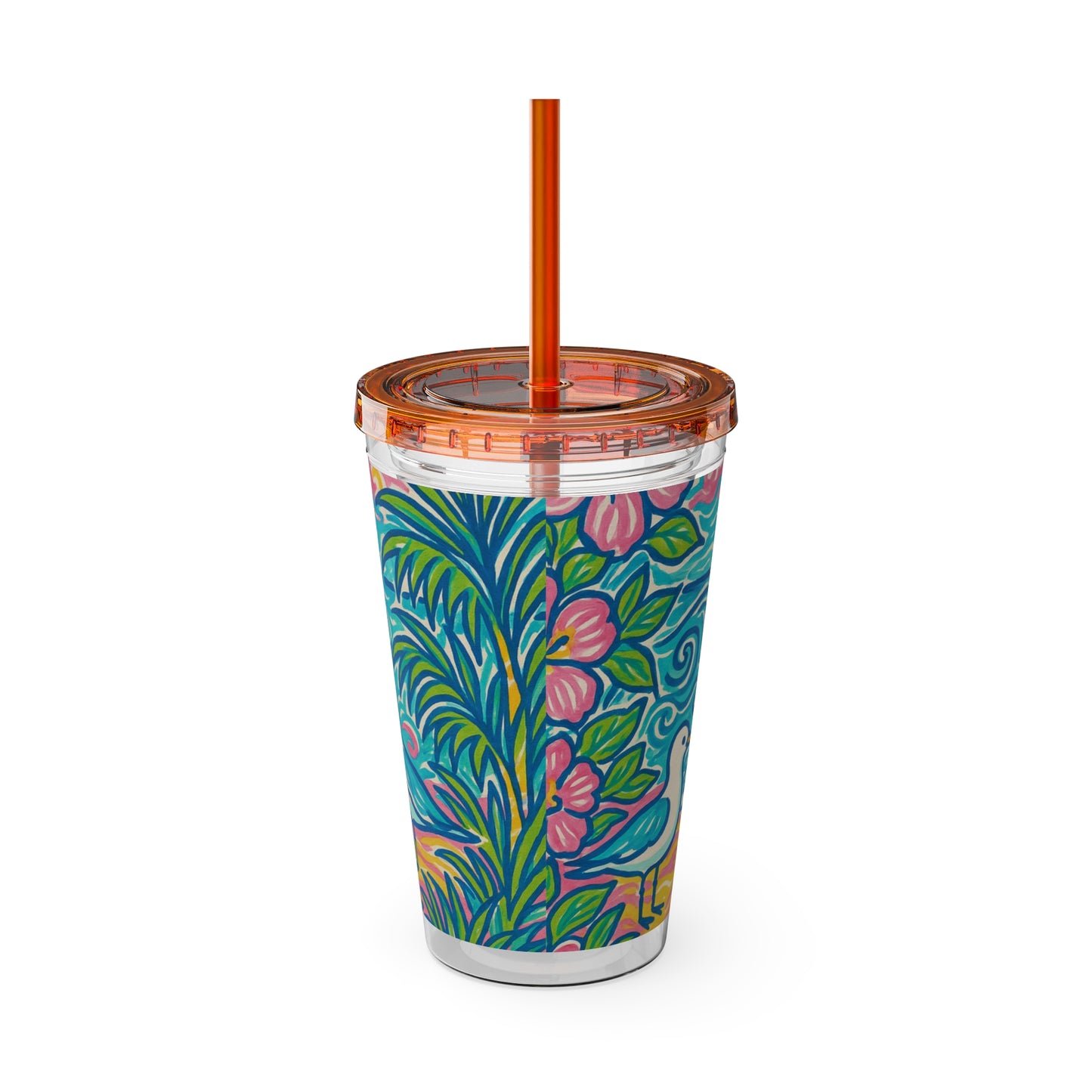 Tropical Tumbler with Straw | 16oz Colorful Travel Cup / Tropical Beach Seagulls