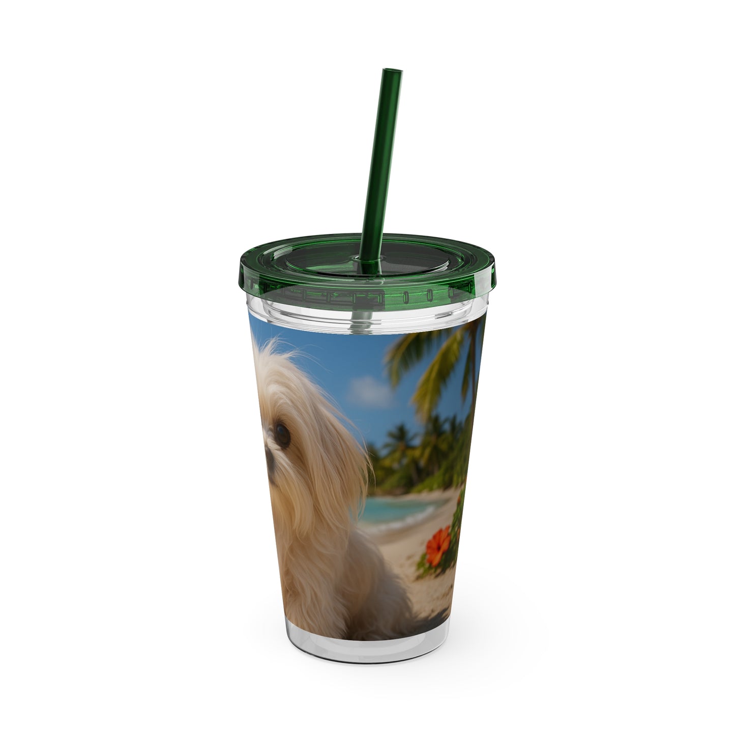 Tropical Tumbler with Straw | 16oz Colorful Travel Cup / Puppy Ariel at the Beach